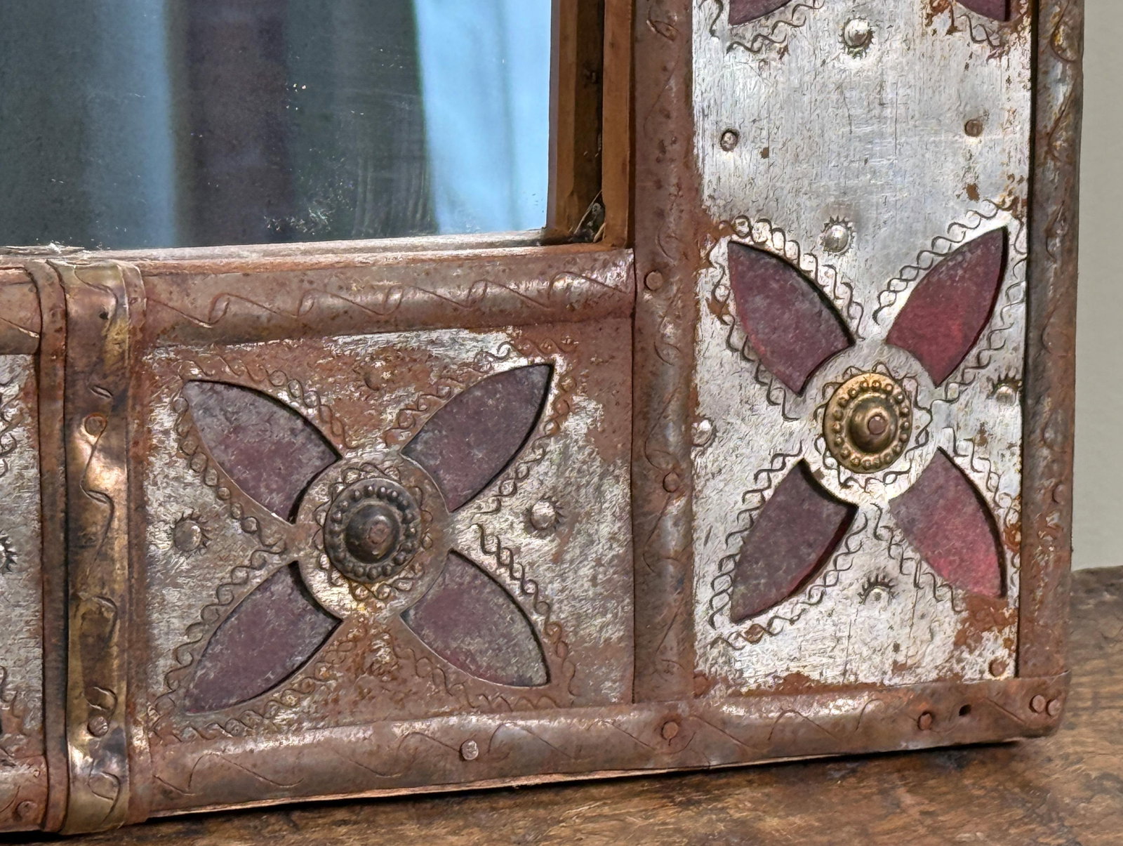 Vintage Spanish Colonial Style Patchwork Cut Metal Wall Mirror With Moorish Motif Frame - 5