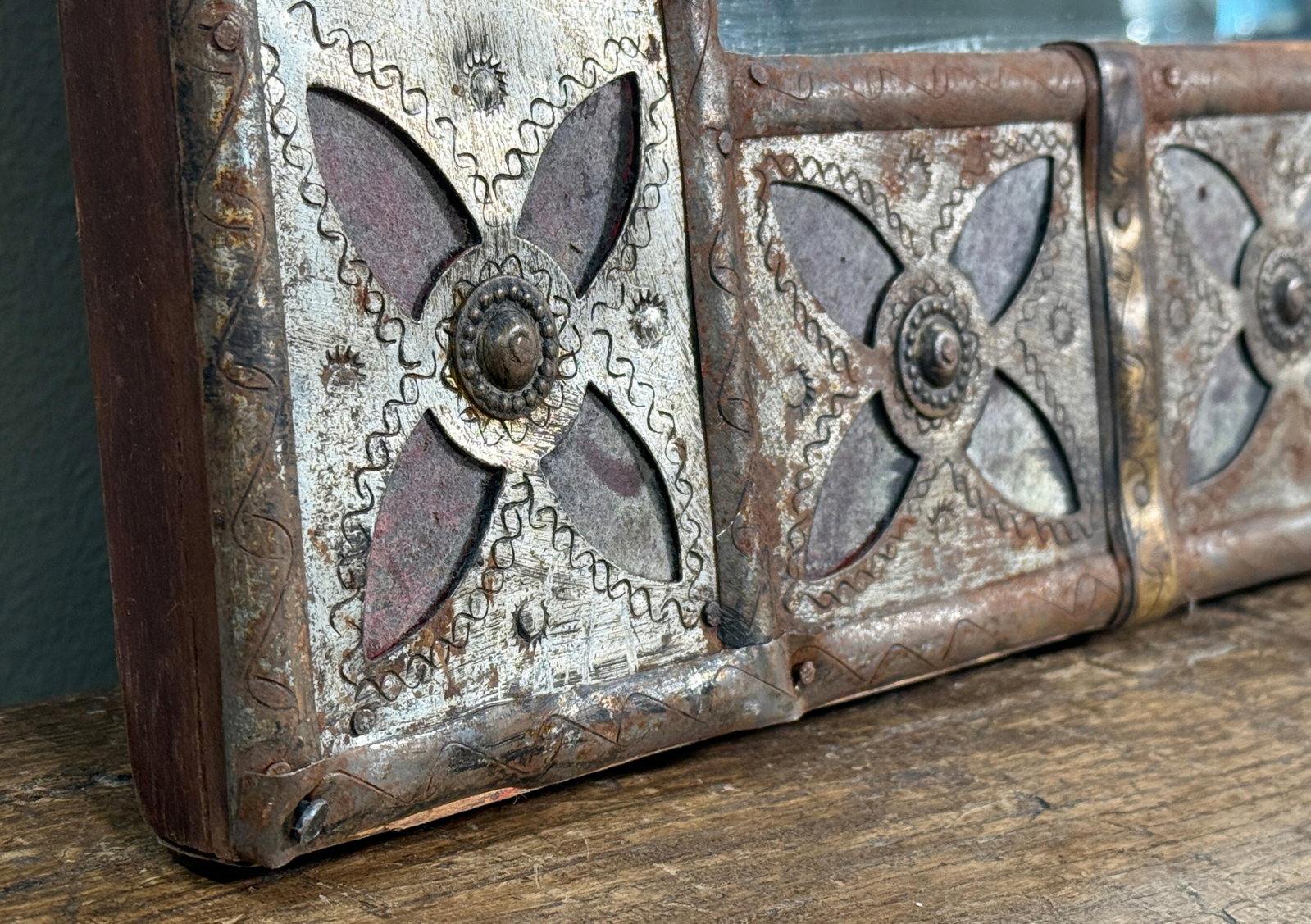 Vintage Spanish Colonial Style Patchwork Cut Metal Wall Mirror With Moorish Motif Frame - 6