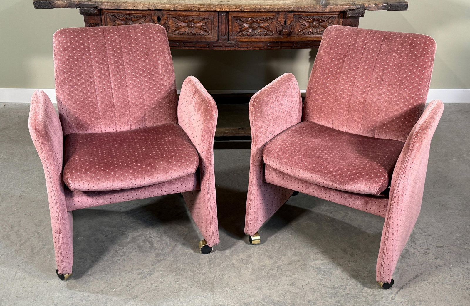 Vintage Mid Century Modern Chromcraft Velvet Upholstered Armchairs Pink Dot Pattern- A Pair - 2