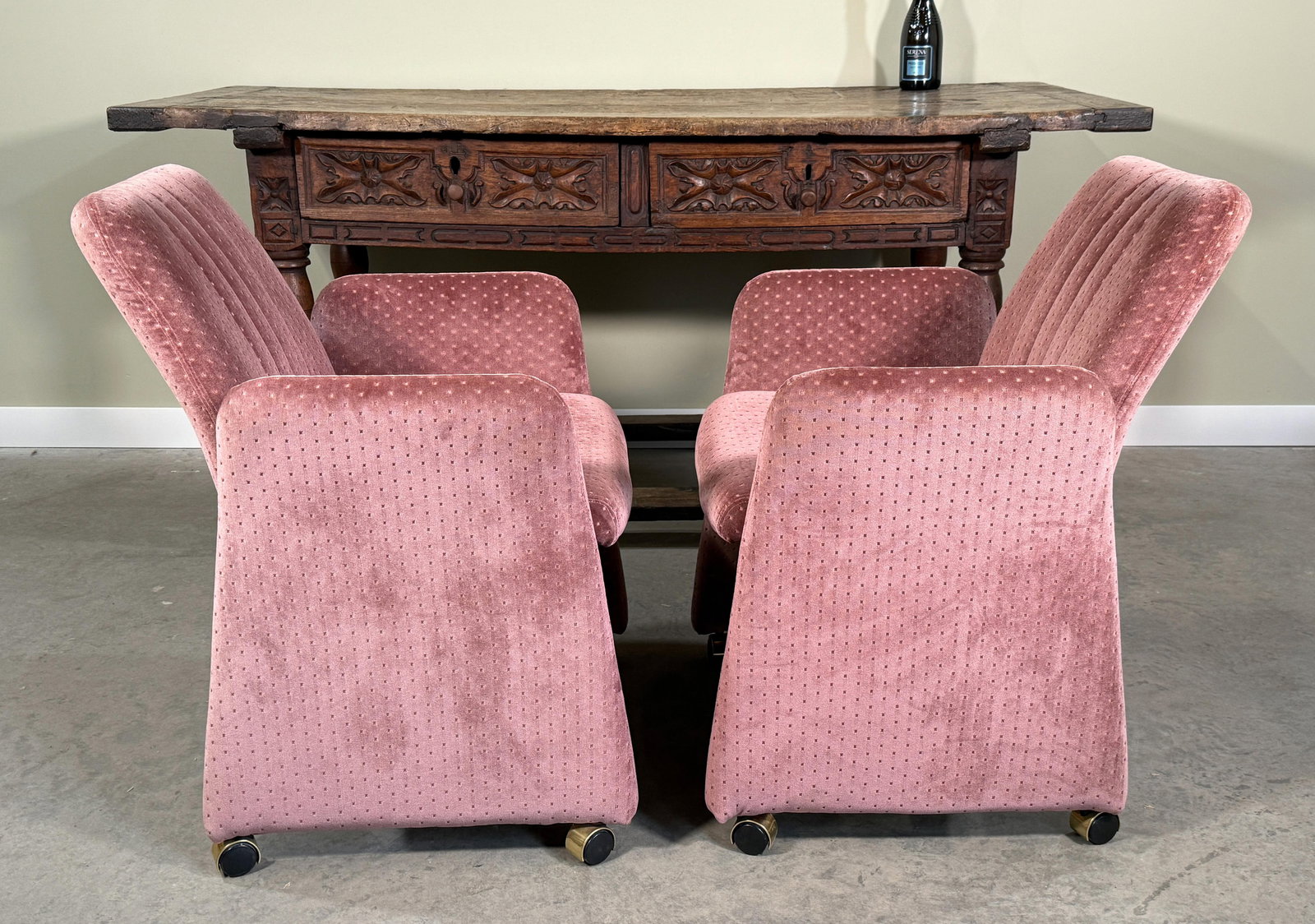 Vintage Mid Century Modern Chromcraft Velvet Upholstered Armchairs Pink Dot Pattern- A Pair - 3