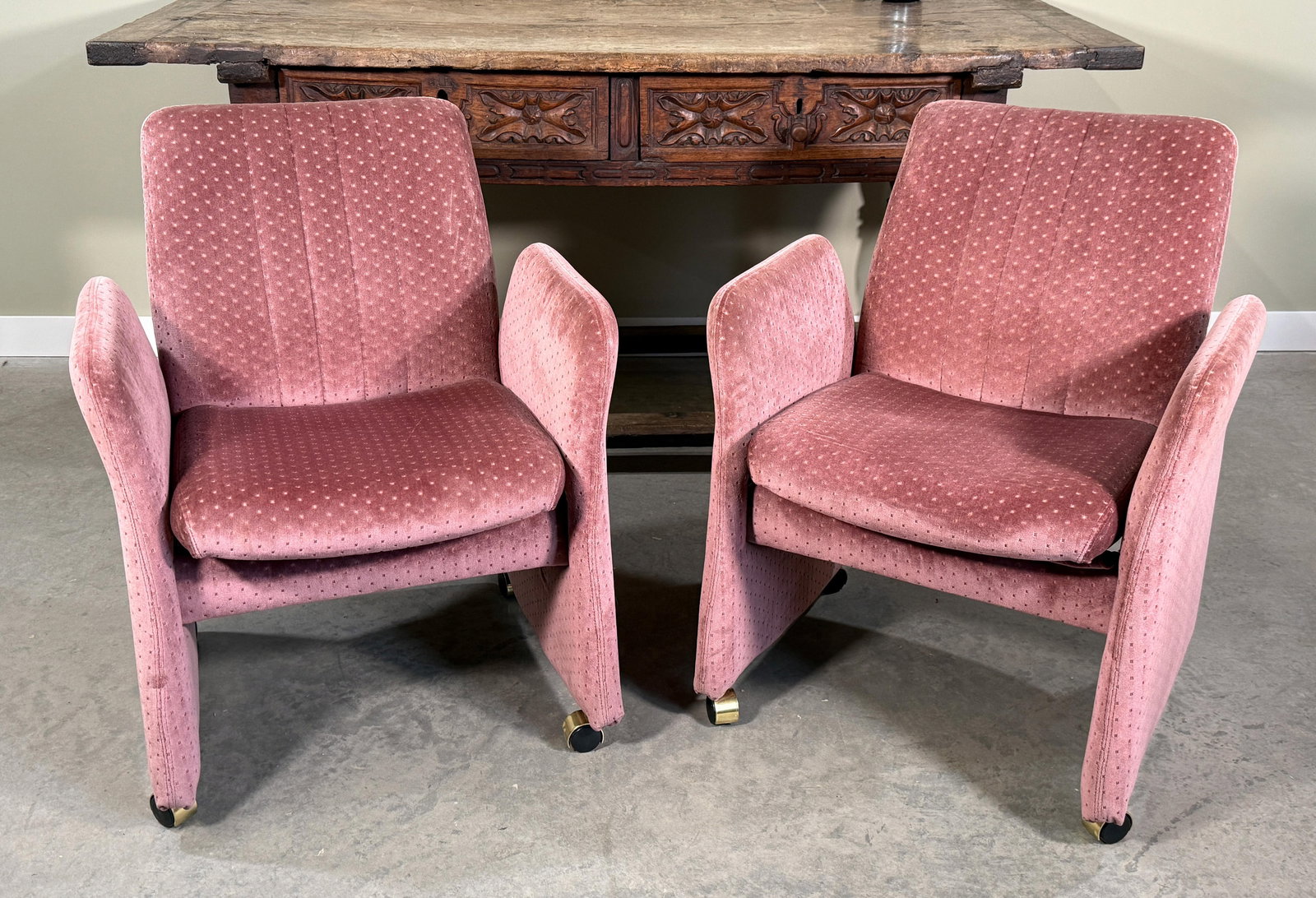 Vintage Mid Century Modern Chromcraft Velvet Upholstered Armchairs Pink Dot Pattern- A Pair - 4