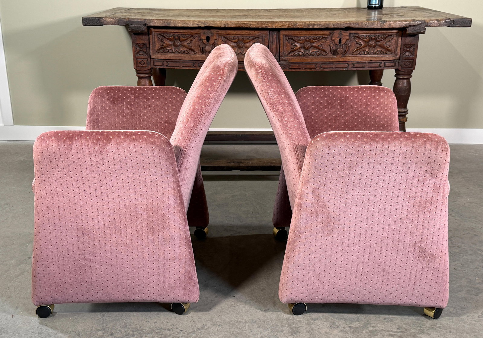 Vintage Mid Century Modern Chromcraft Velvet Upholstered Armchairs Pink Dot Pattern- A Pair - 5