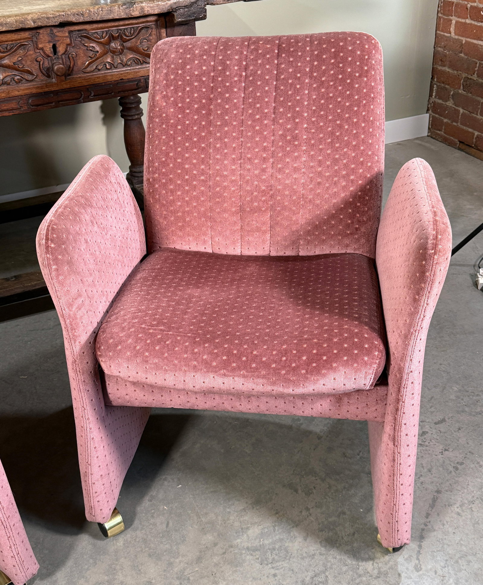 Vintage Mid Century Modern Chromcraft Velvet Upholstered Armchairs Pink Dot Pattern- A Pair - 6