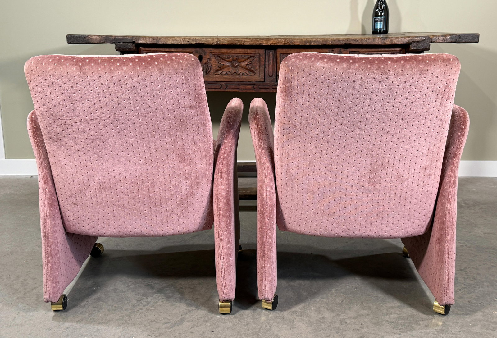 Vintage Mid Century Modern Chromcraft Velvet Upholstered Armchairs Pink Dot Pattern- A Pair - 7