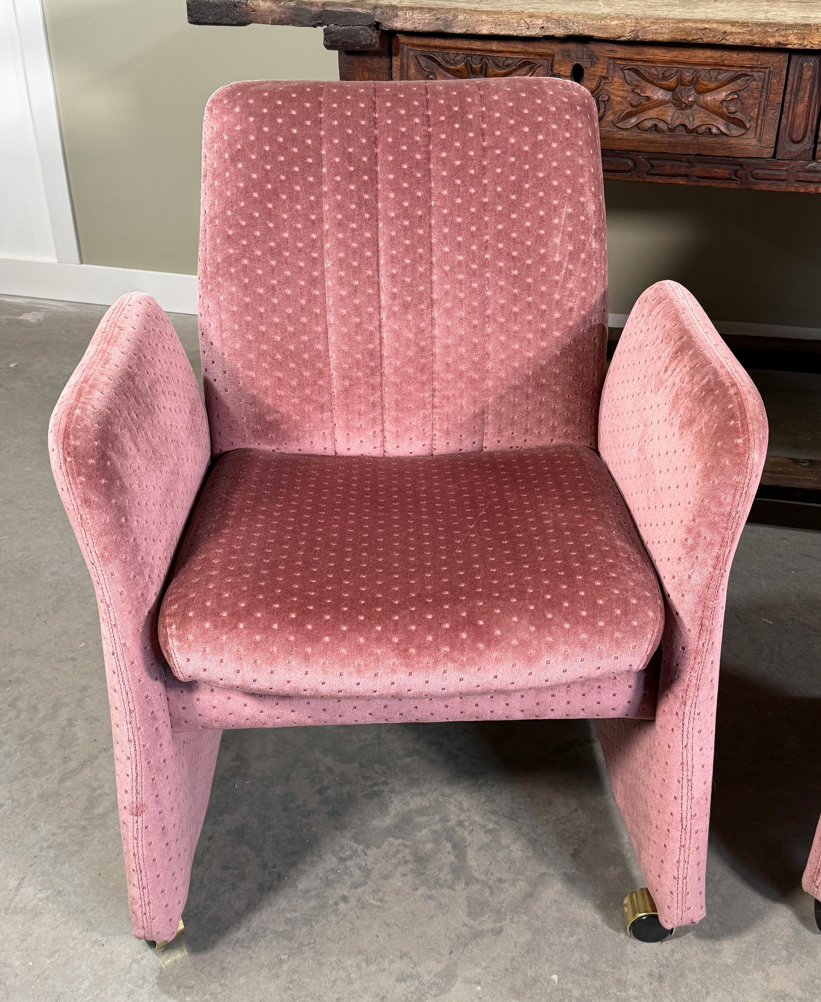 Vintage Mid Century Modern Chromcraft Velvet Upholstered Armchairs Pink Dot Pattern- A Pair - 8