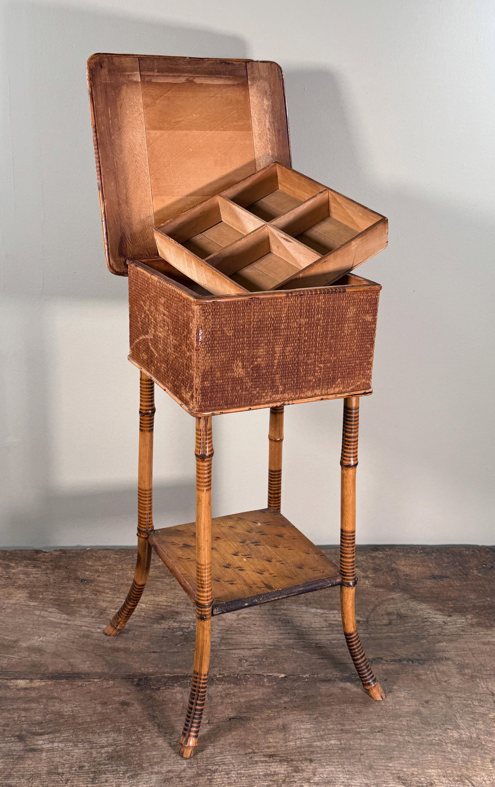 Antique Bamboo Sewing or Storage Stand With Lift Top Woven Case - 10