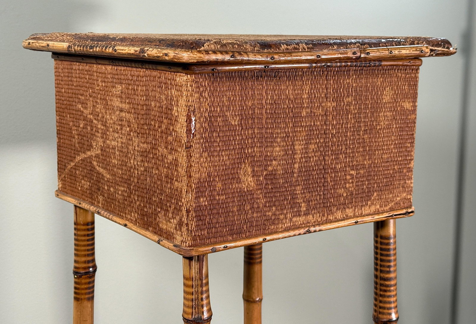 Antique Bamboo Sewing or Storage Stand With Lift Top Woven Case - 2