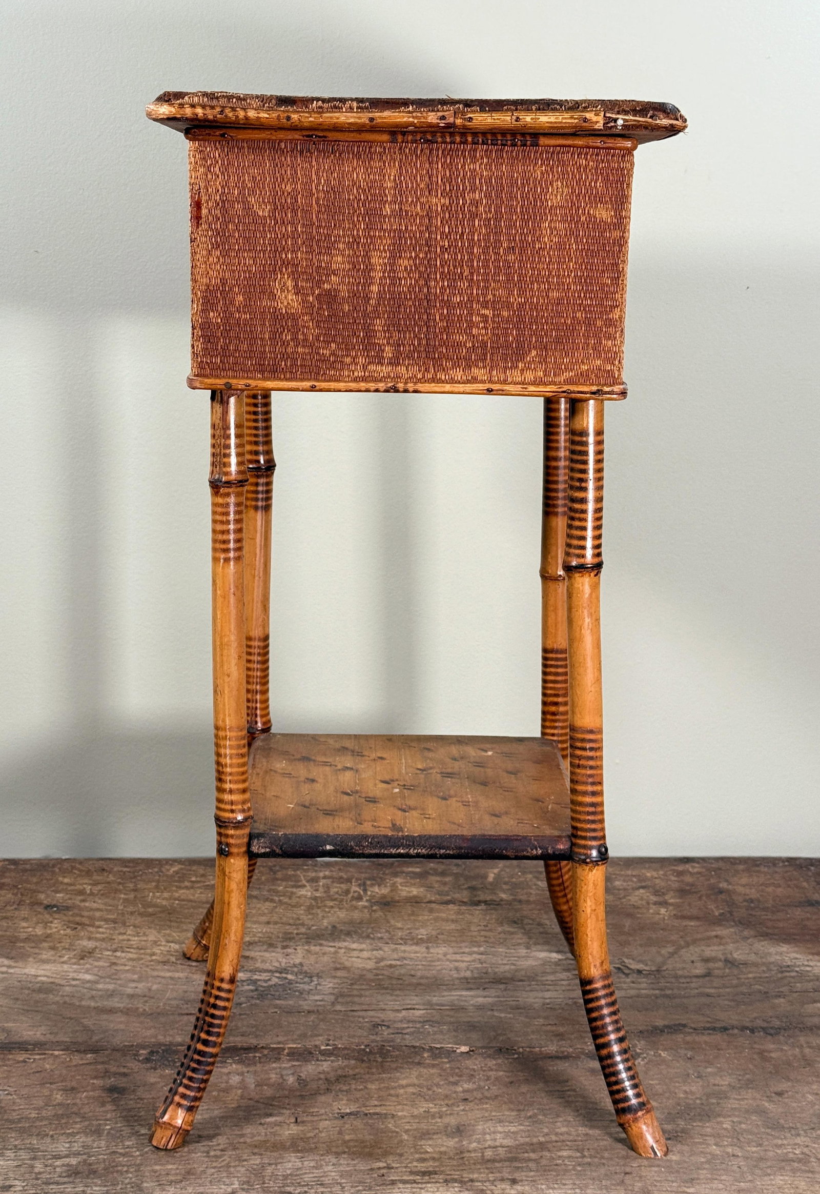 Antique Bamboo Sewing or Storage Stand With Lift Top Woven Case - 3