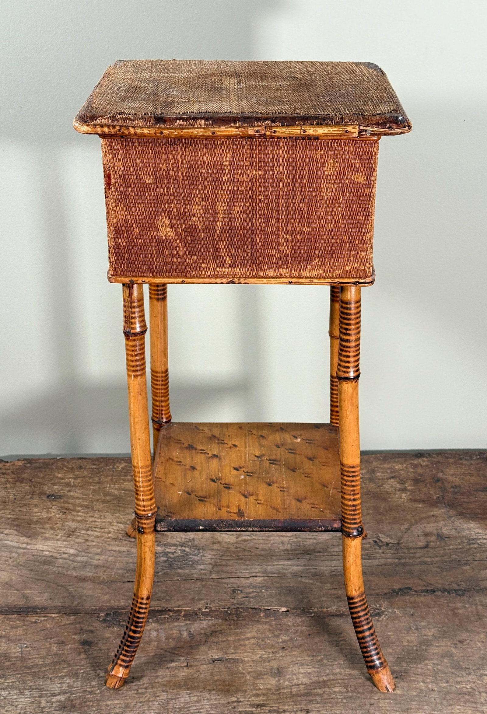 Antique Bamboo Sewing or Storage Stand With Lift Top Woven Case - 4