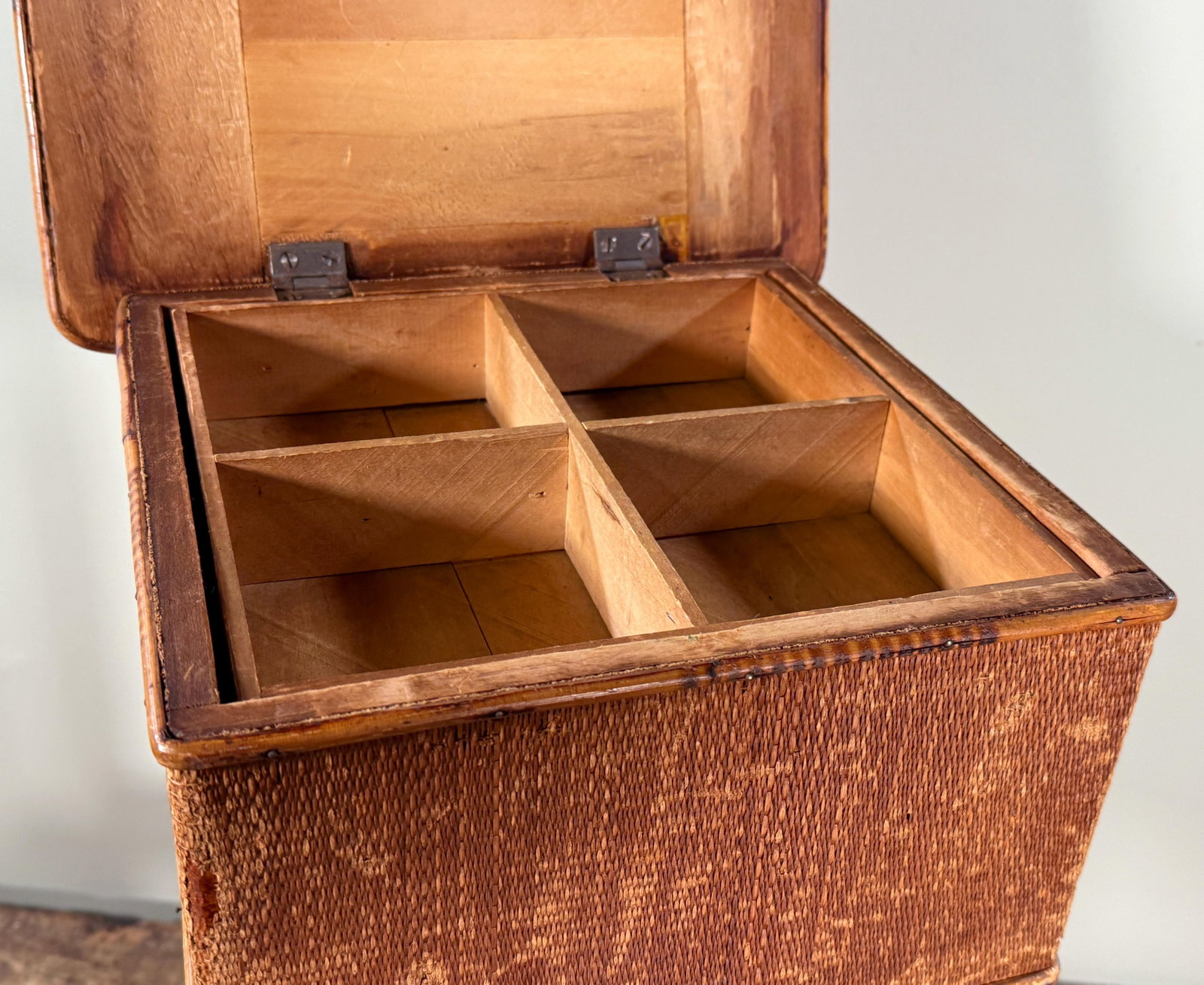Antique Bamboo Sewing or Storage Stand With Lift Top Woven Case - 5