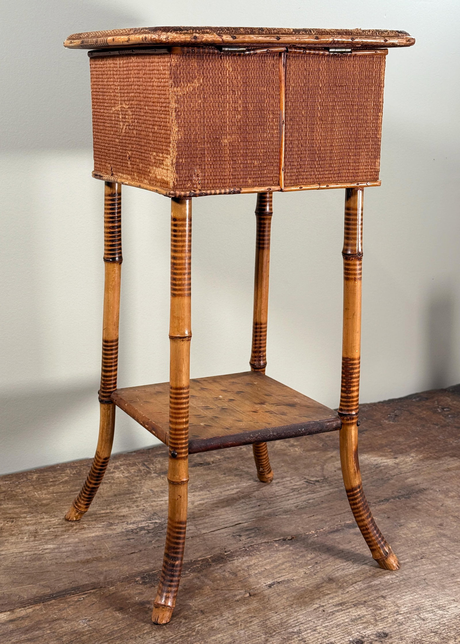 Antique Bamboo Sewing or Storage Stand With Lift Top Woven Case - 7