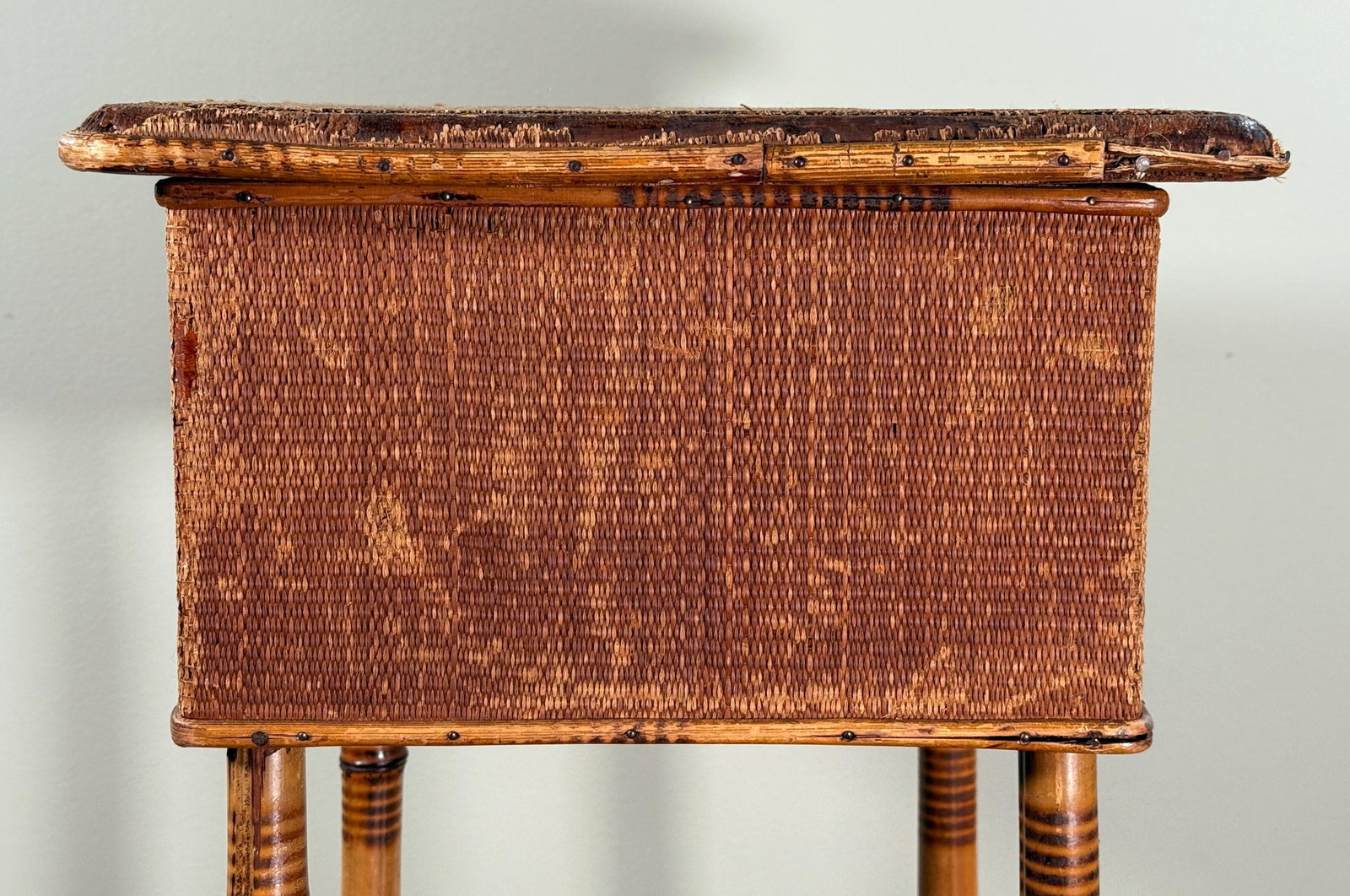 Antique Bamboo Sewing or Storage Stand With Lift Top Woven Case - 8