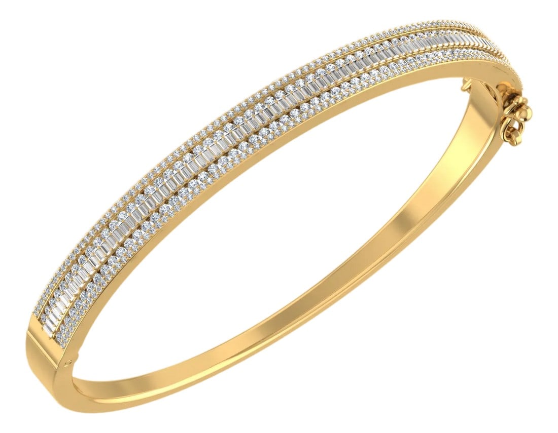 10K Yellow Gold Round Baguette Diamond Designer Bangle Bracelet 2 Cttw: 10K Yellow Gold & 2 Cttw Diamond BangleA Bold Statement of Golden LuxuryCommand attention with this substantial 2 Cttw designer bangle. Meticulously crafted in 10K yellow gold, this piece features a