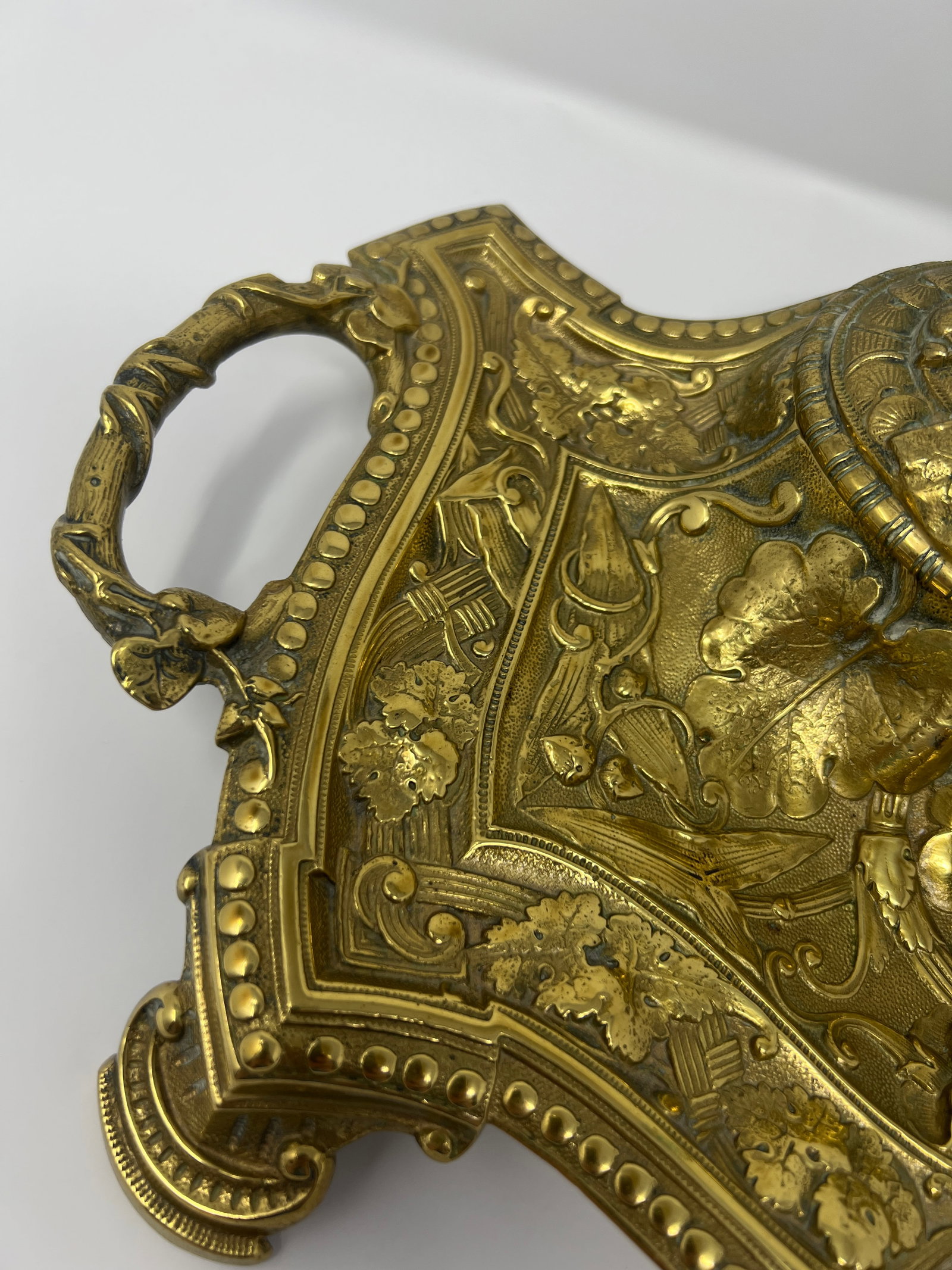 Antique Monumental Art Nouveau Brass Desk Inkwell With Botanical Relief, Circa 1900 - 9