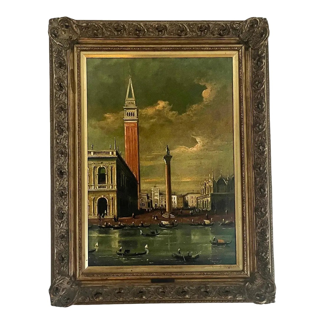 1950s, Mid-Century Venetian Veduta Oil on Canvas Painting of San Marco, Venice, in Gilt Frame: 1960s oil on canvas painting depicting the Venetian waterfront at Piazzetta San Marco, with views of the Doge's Palace, St. Mark's Campanile, and gondolas along the quay. Executed in a traditional