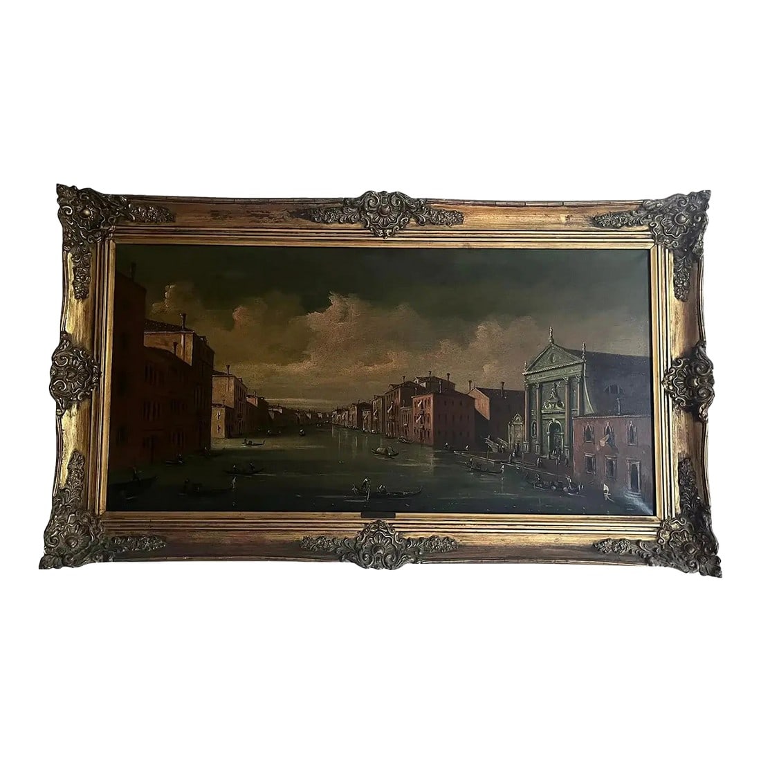 Mid-Century, 1950s Venetian Veduta Oil on Canvas Painting, Signed by Giorgio Guarana: Large mid"‘20th century oil on canvas painting depicting a Venetian canal scene, inspired by the 18th-century vedute tradition of artists such as Canaletto. The painting includes gondolas,