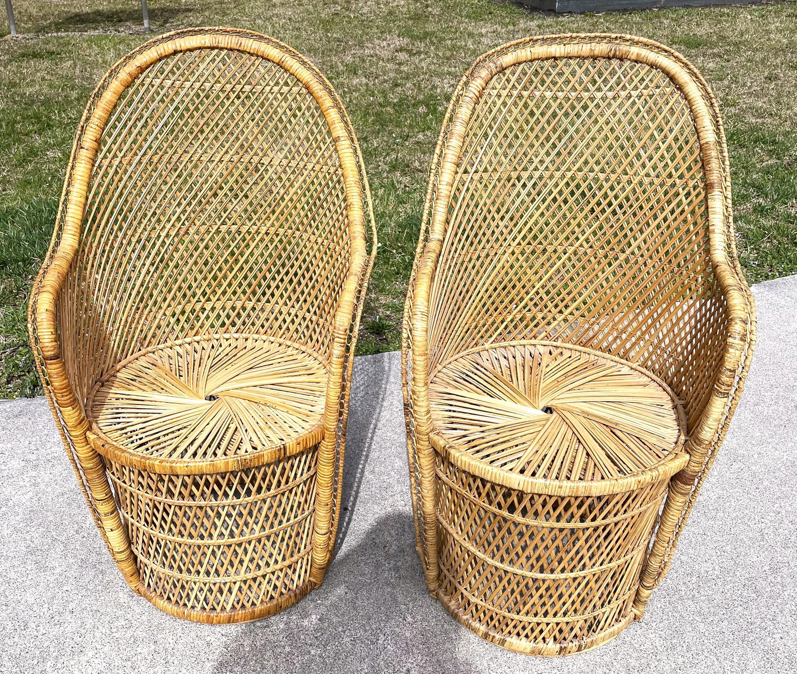 Mid 20th Century Natural Woven Rattan/Wicker Mid Century Barrel Chairs a Pair - 2