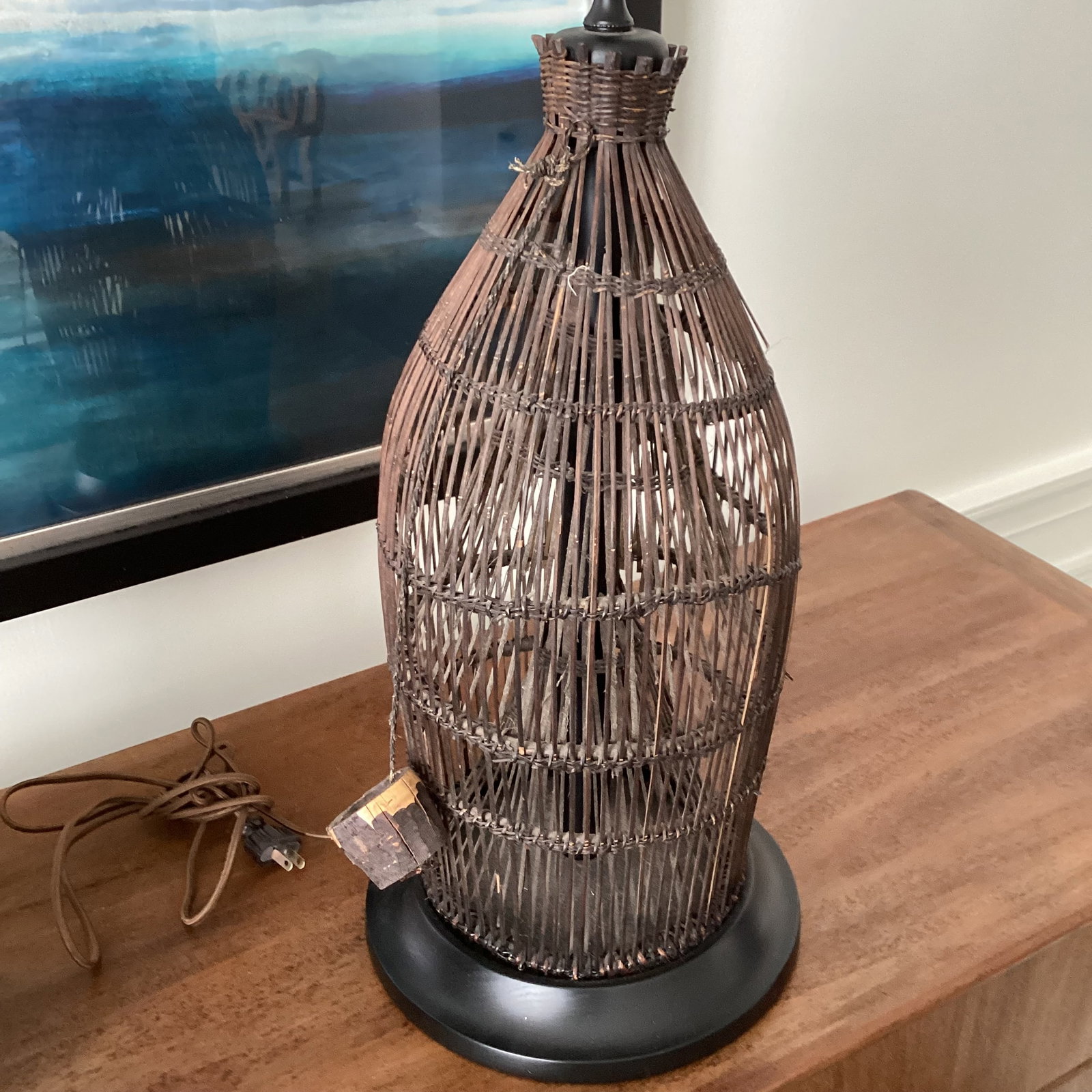 1960s Handwoven Wicker / Rattan Basket Lamps on Ebonized Bases - a Pair - 2