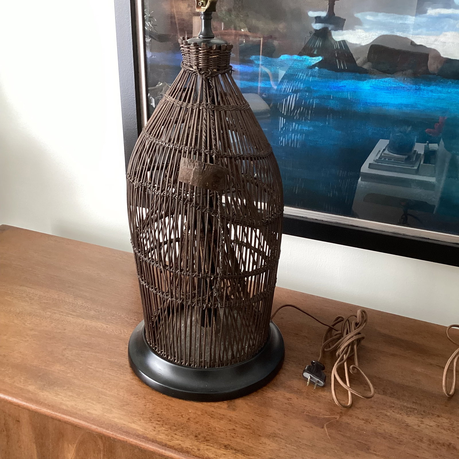 1960s Handwoven Wicker / Rattan Basket Lamps on Ebonized Bases - a Pair - 3
