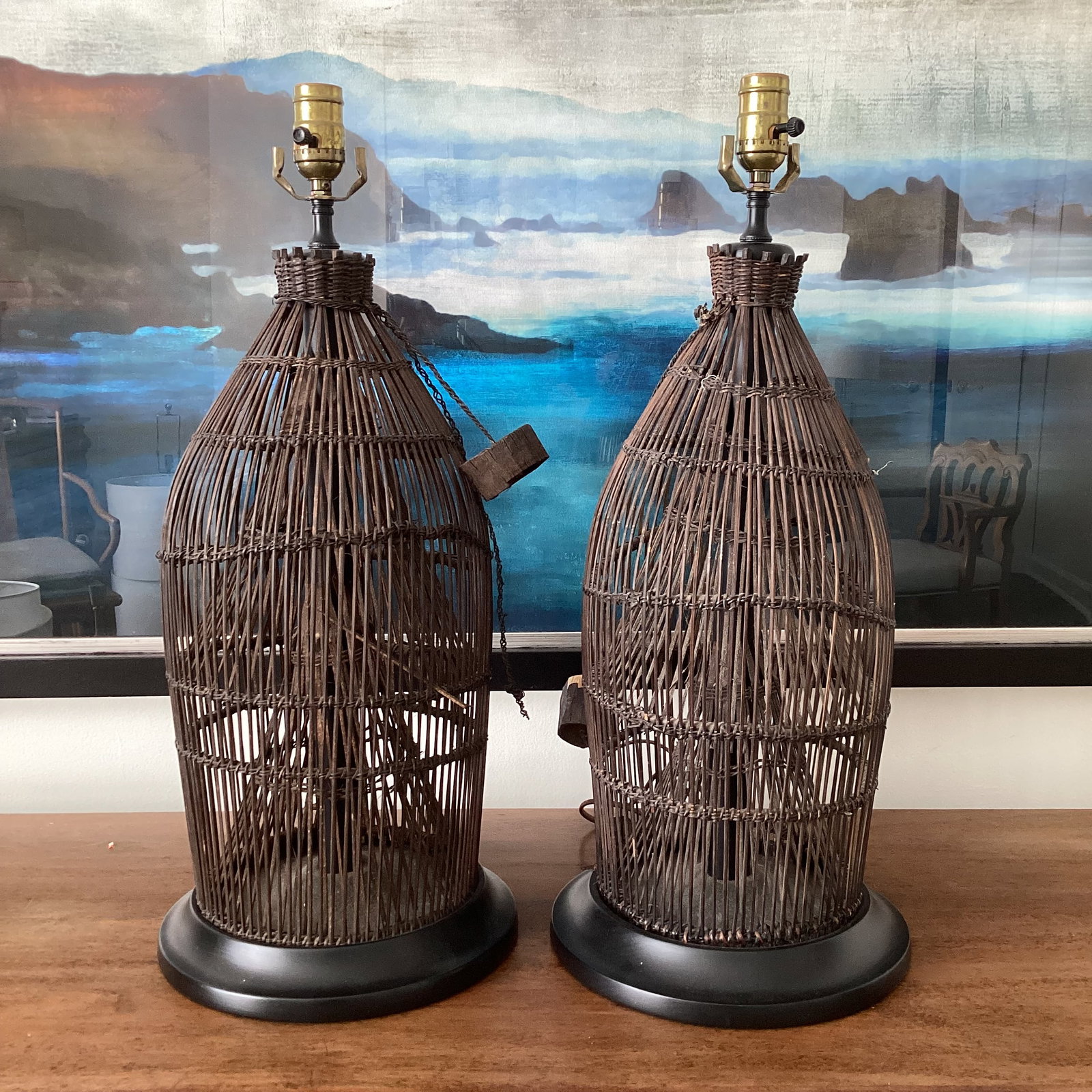 1960s Handwoven Wicker / Rattan Basket Lamps on Ebonized Bases - a Pair - 4