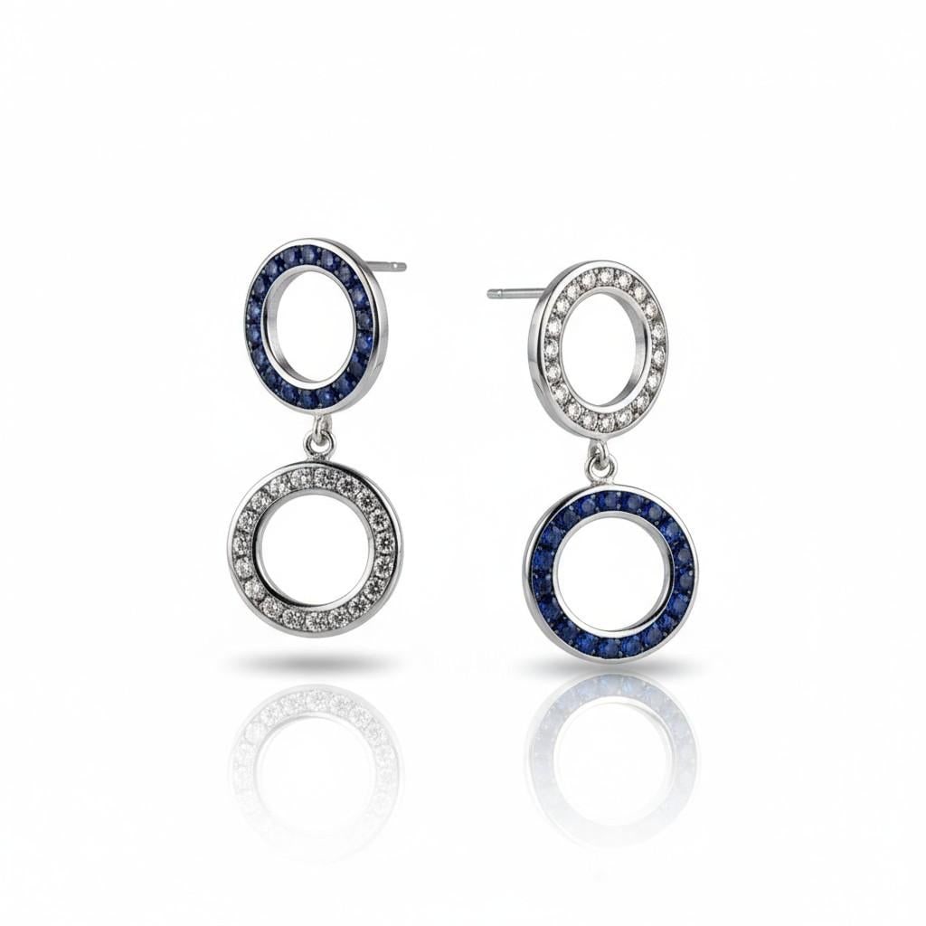 14k White Gold Double Circle Drop Earrings With Diamonds & Sapphires, A Pair - 3