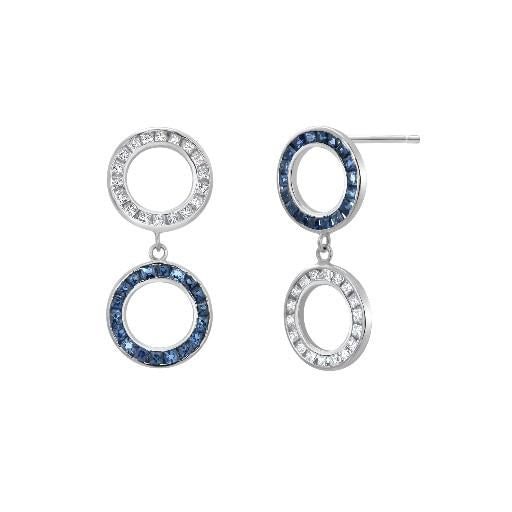 14k White Gold Double Circle Drop Earrings With Diamonds & Sapphires, A Pair - 5
