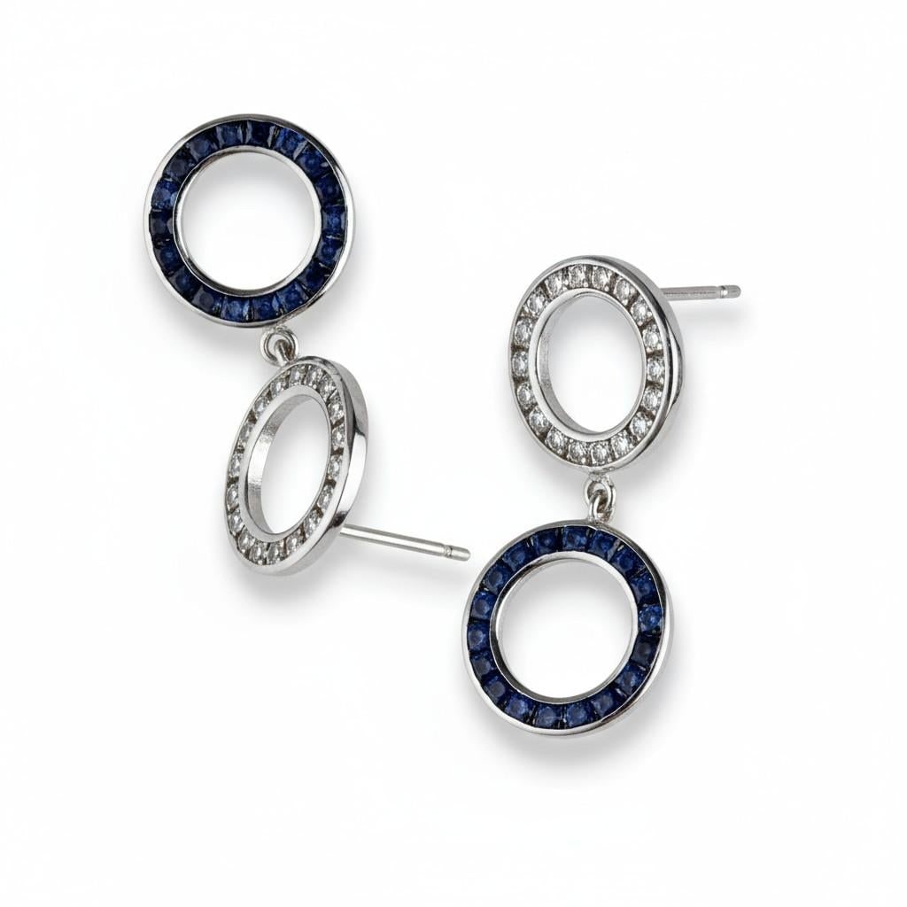 14k White Gold Double Circle Drop Earrings With Diamonds & Sapphires, A Pair - 7