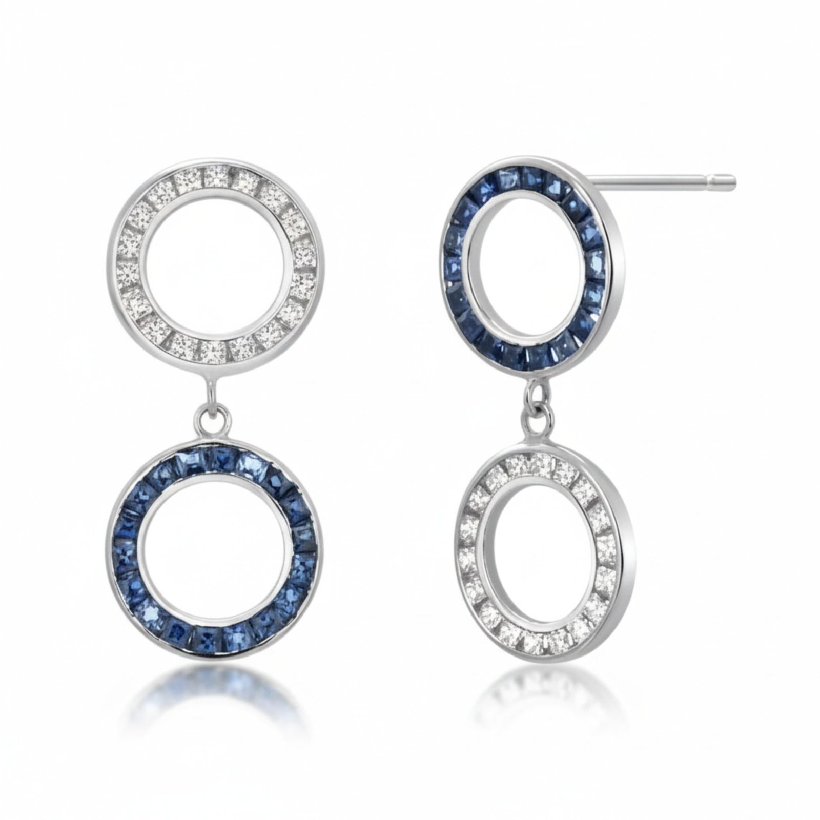 14k White Gold Double Circle Drop Earrings With Diamonds & Sapphires, A Pair - 8