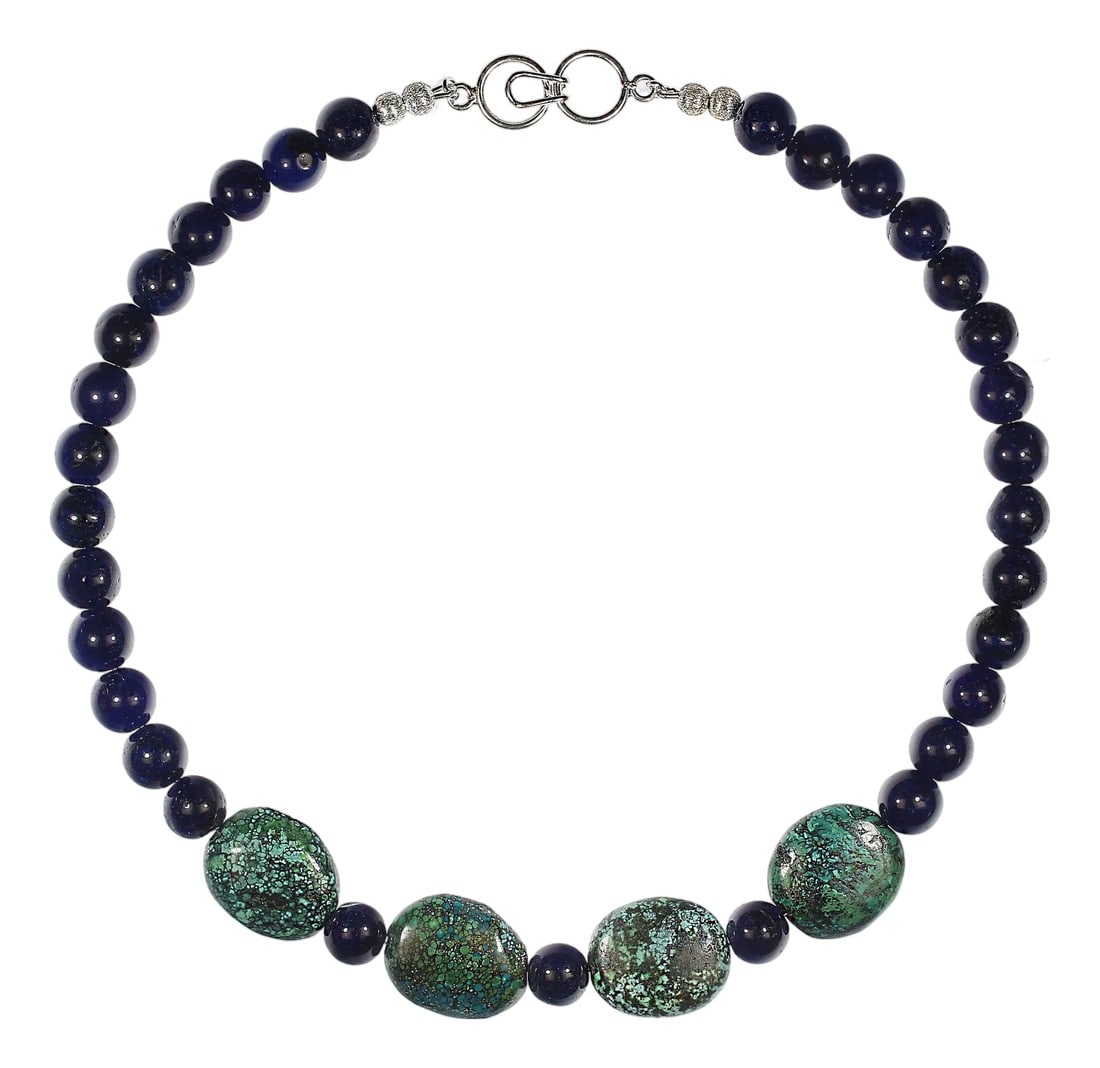 Ajd 17 Inch Blue Agate and Turquoise Nugget Great Gift: This striking 17"‘inch necklace showcases the captivating depth of dyed deep"‘blue agate paired with the earthy elegance of four turquoise matrix nuggets. Each turquoise piece measures