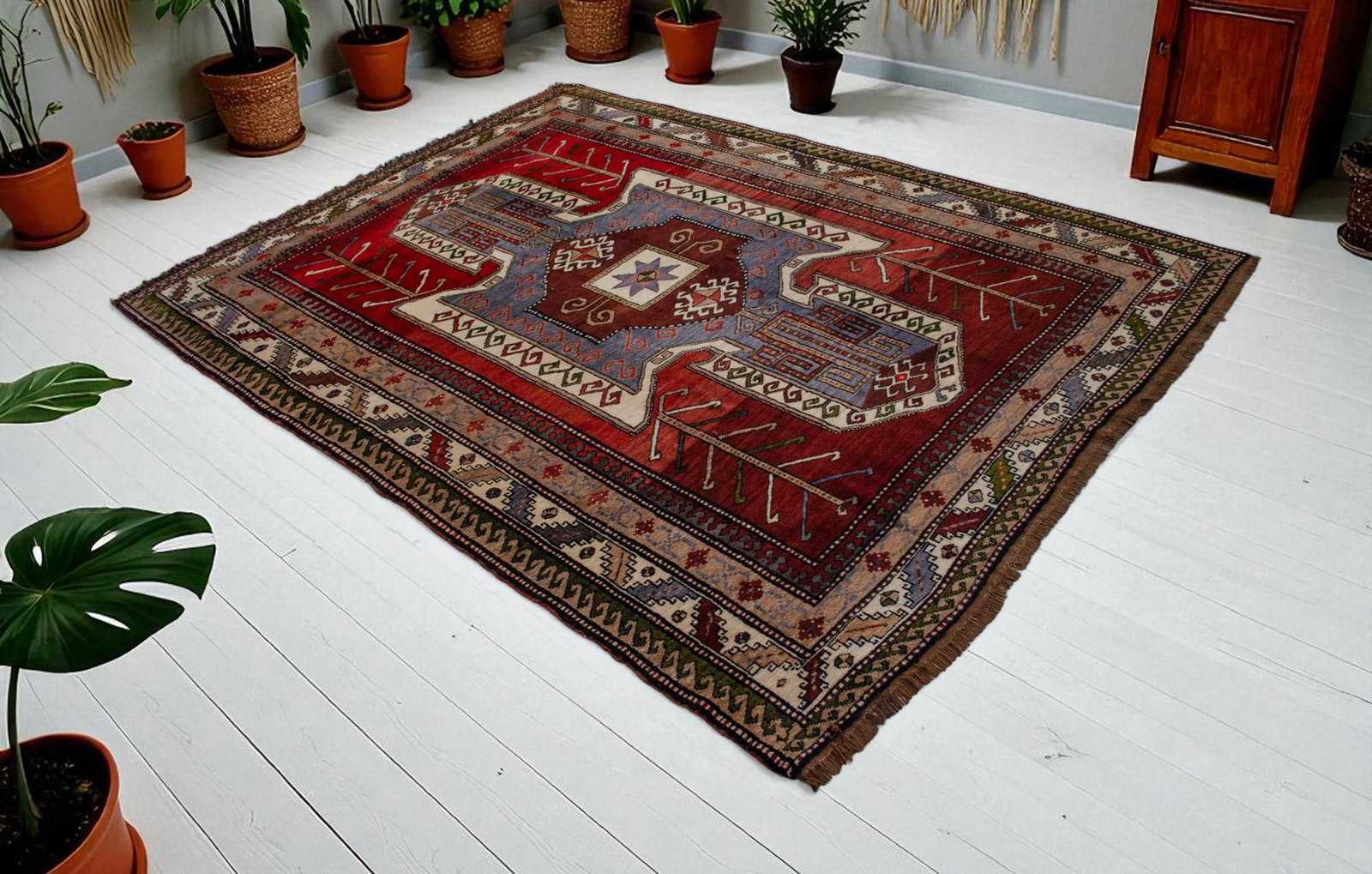 1960s Hand Knotted Turkish Rug Tribal Pure Natural Wool Large Area Rug - 2