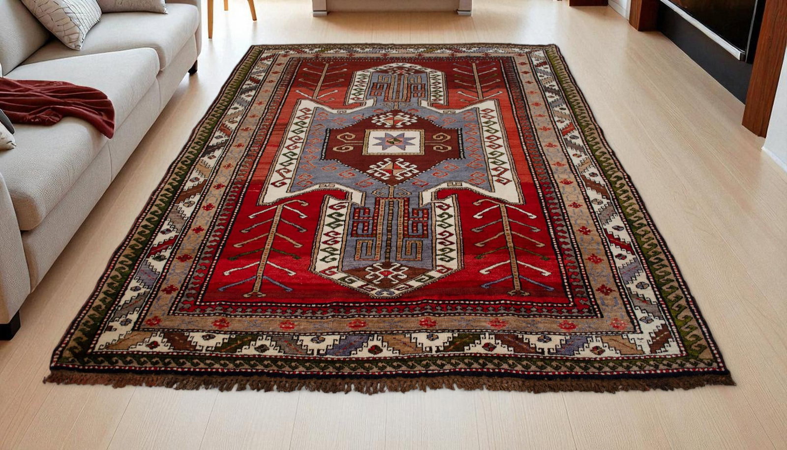 1960s Hand Knotted Turkish Rug Tribal Pure Natural Wool Large Area Rug - 3