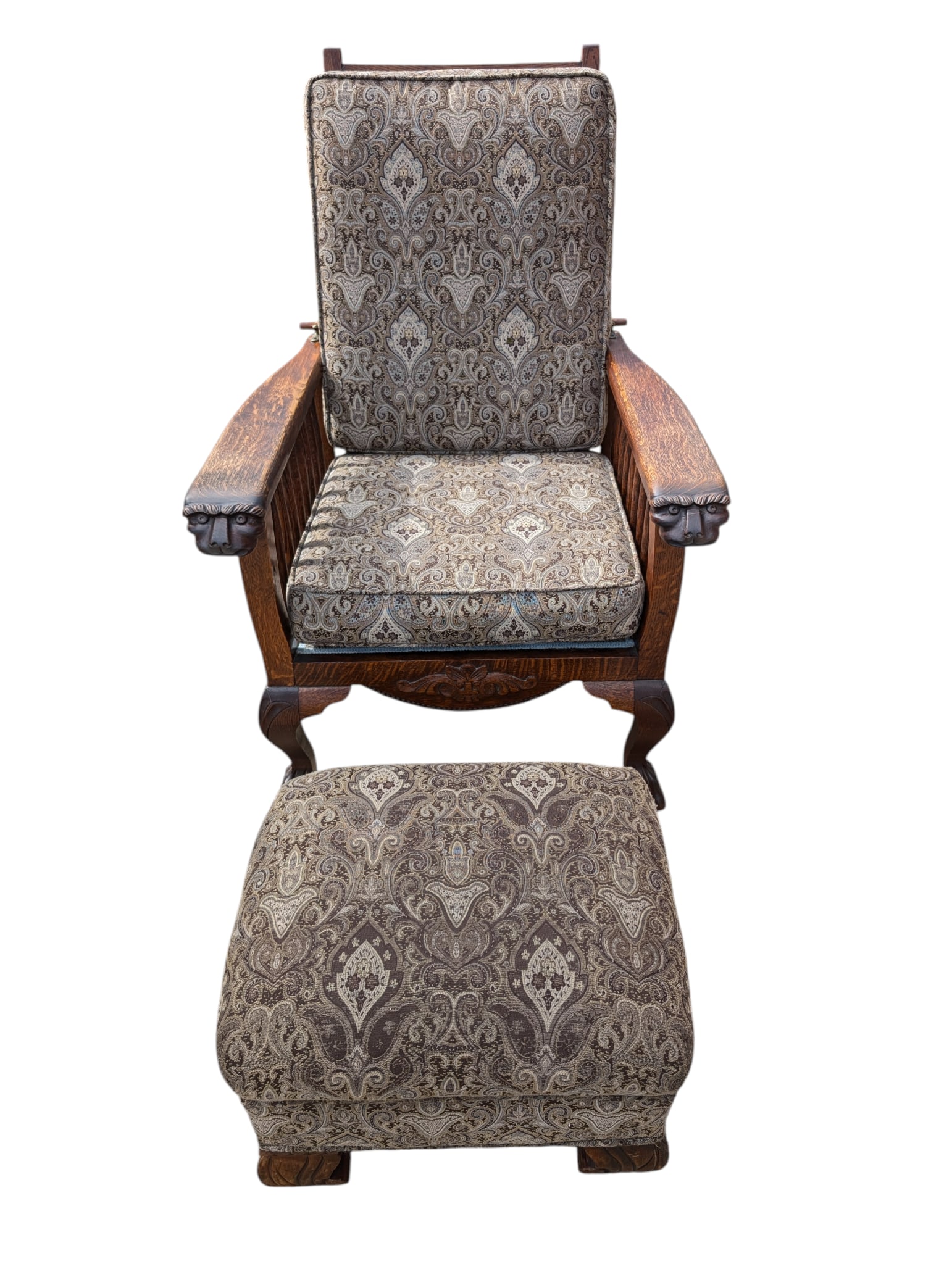 Antique Arts & Crafts Carved Oak Morris Recliner & Ottoman - 4