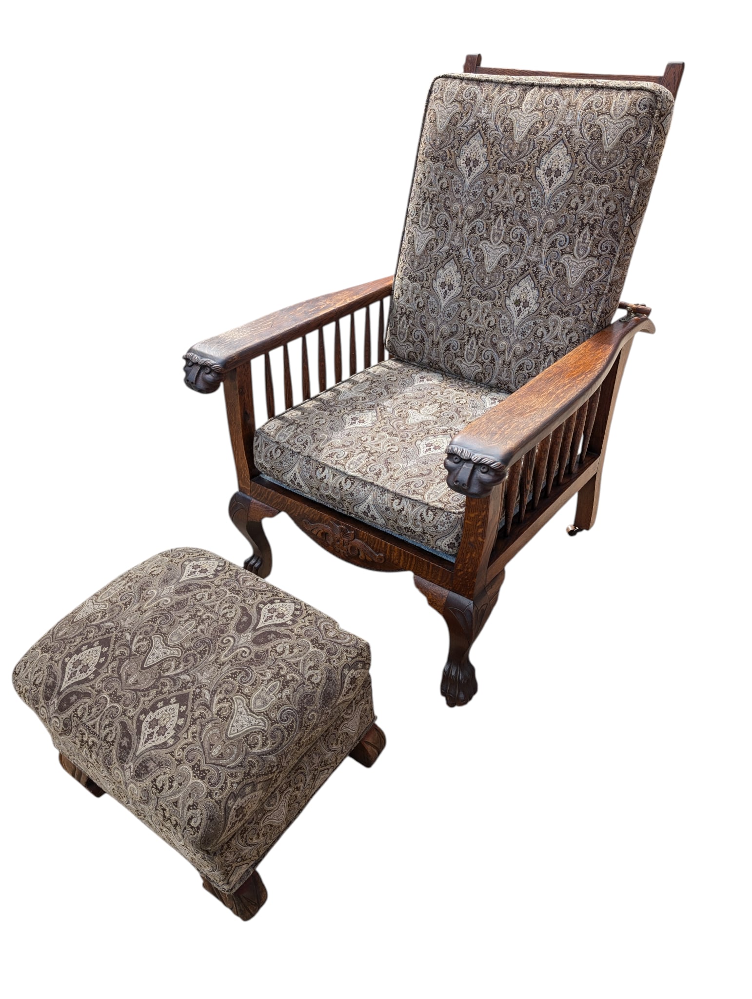 Antique Arts & Crafts Carved Oak Morris Recliner & Ottoman - 5
