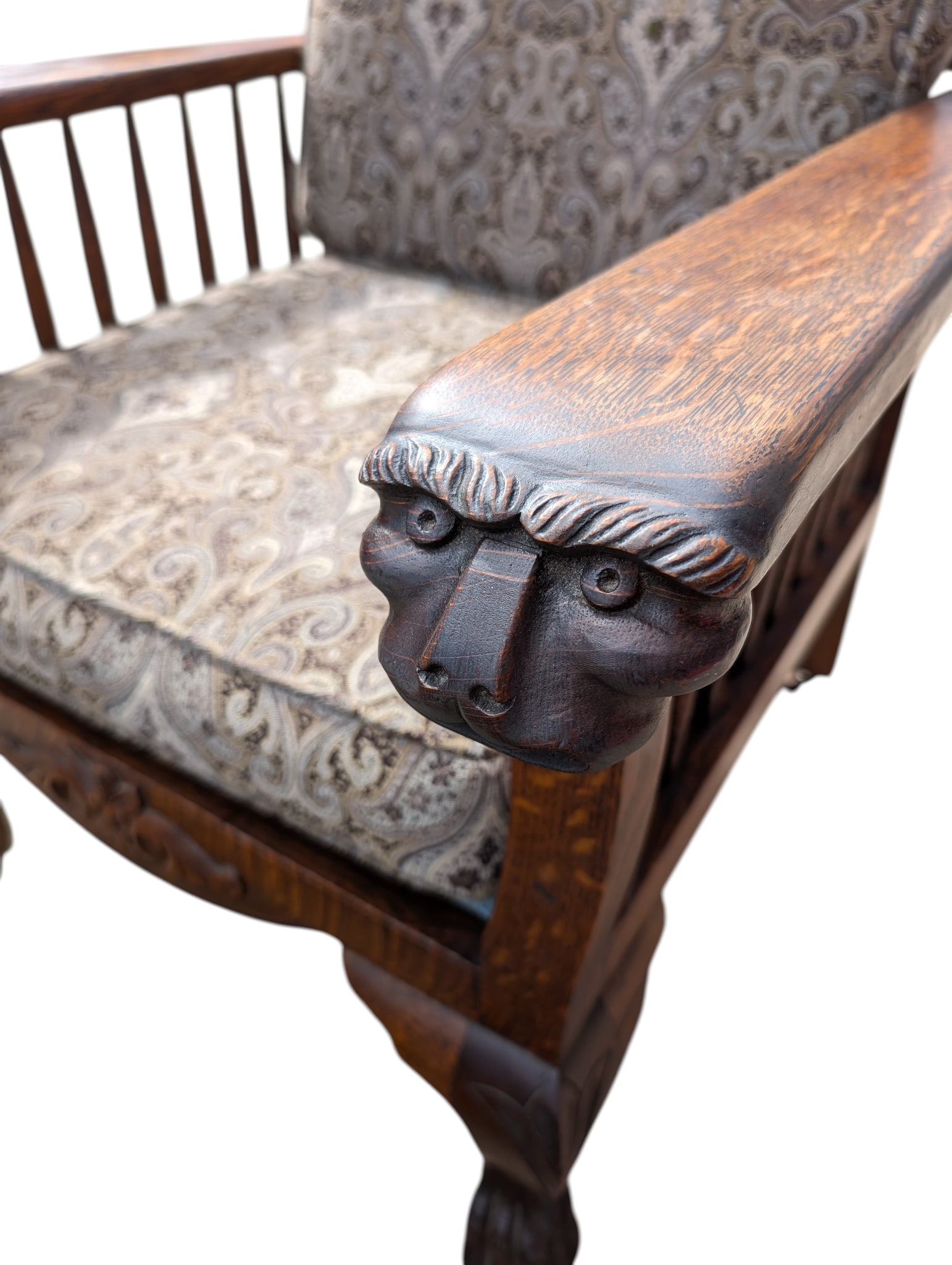Antique Arts & Crafts Carved Oak Morris Recliner & Ottoman - 6