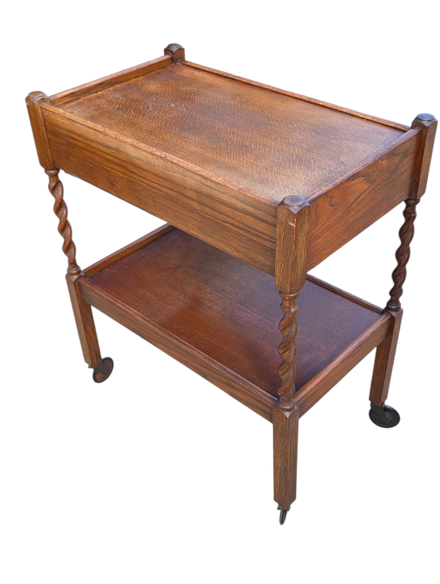 Antique Edwardian Oak Barley Twist Tea Cart - 3