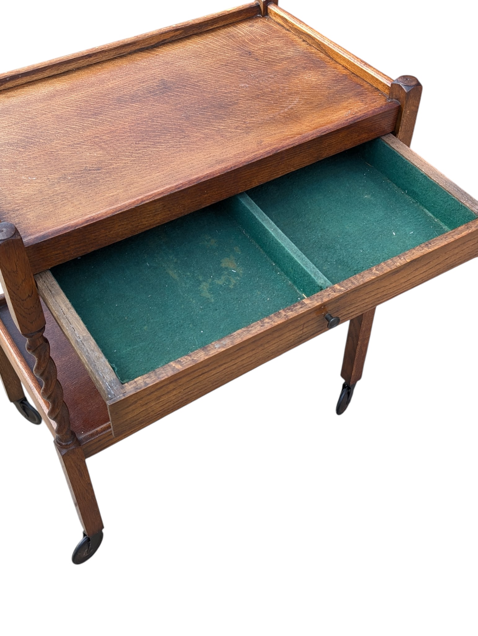Antique Edwardian Oak Barley Twist Tea Cart - 5