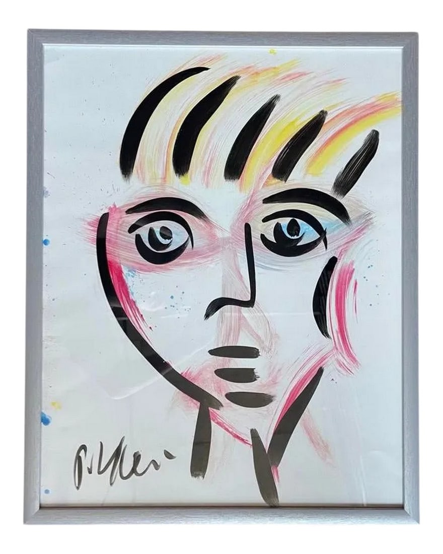 Contemporary Abstract Face Portrait Acrylic Painting by Peter Keil, Framed: Peter Keil is a German artist that focuses primarily on abstract expressionism. Keil painted with some of the greats including Joan MirÃ³, Pablo Picasso and Andy Warhol, to name a few. This