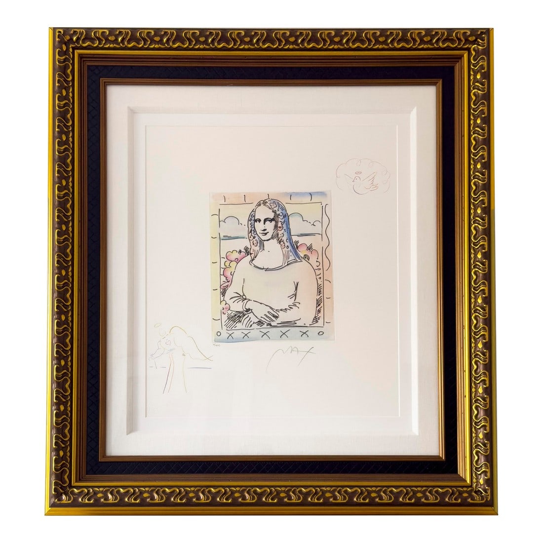 Late 20th Century Peter Max "Mona Lisa" Hand-Colored Etching With Remarques, Signed Limited Edition: Etching with hand-coloring on wove paper, produced by the Peter Max Studio. This example includes unique hand-drawn colored pencil remarques, including an angel with a heart in the lower left corner