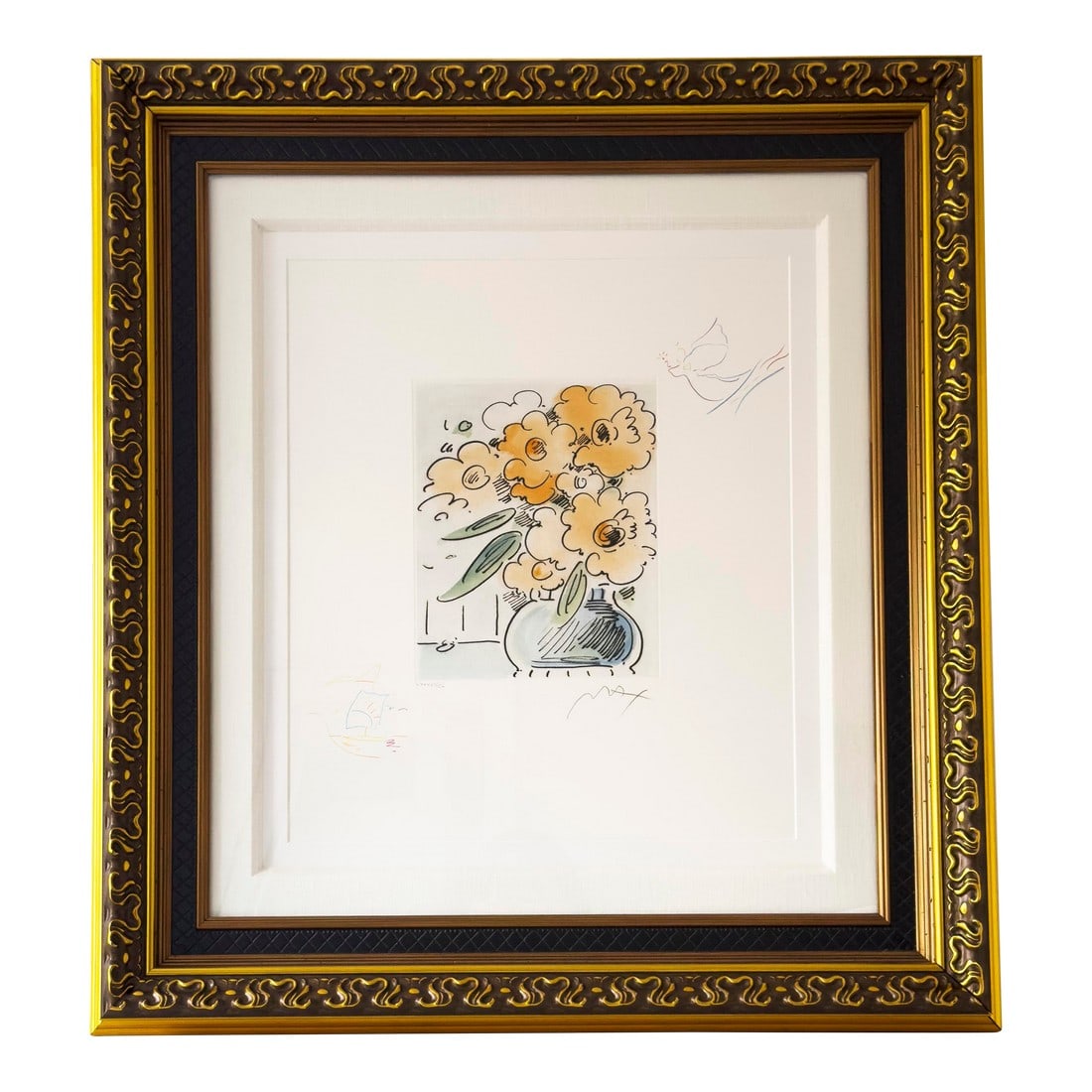 Late 20th Century Peter Max "Vase of Flowers II " Hand-Colored Etching With Remarques, Signed Limite: Etching with hand-coloring on wove paper, produced by the Peter Max Studio. This example includes unique hand-drawn colored pencil remarques, including an angel with a heart in the upper right corner