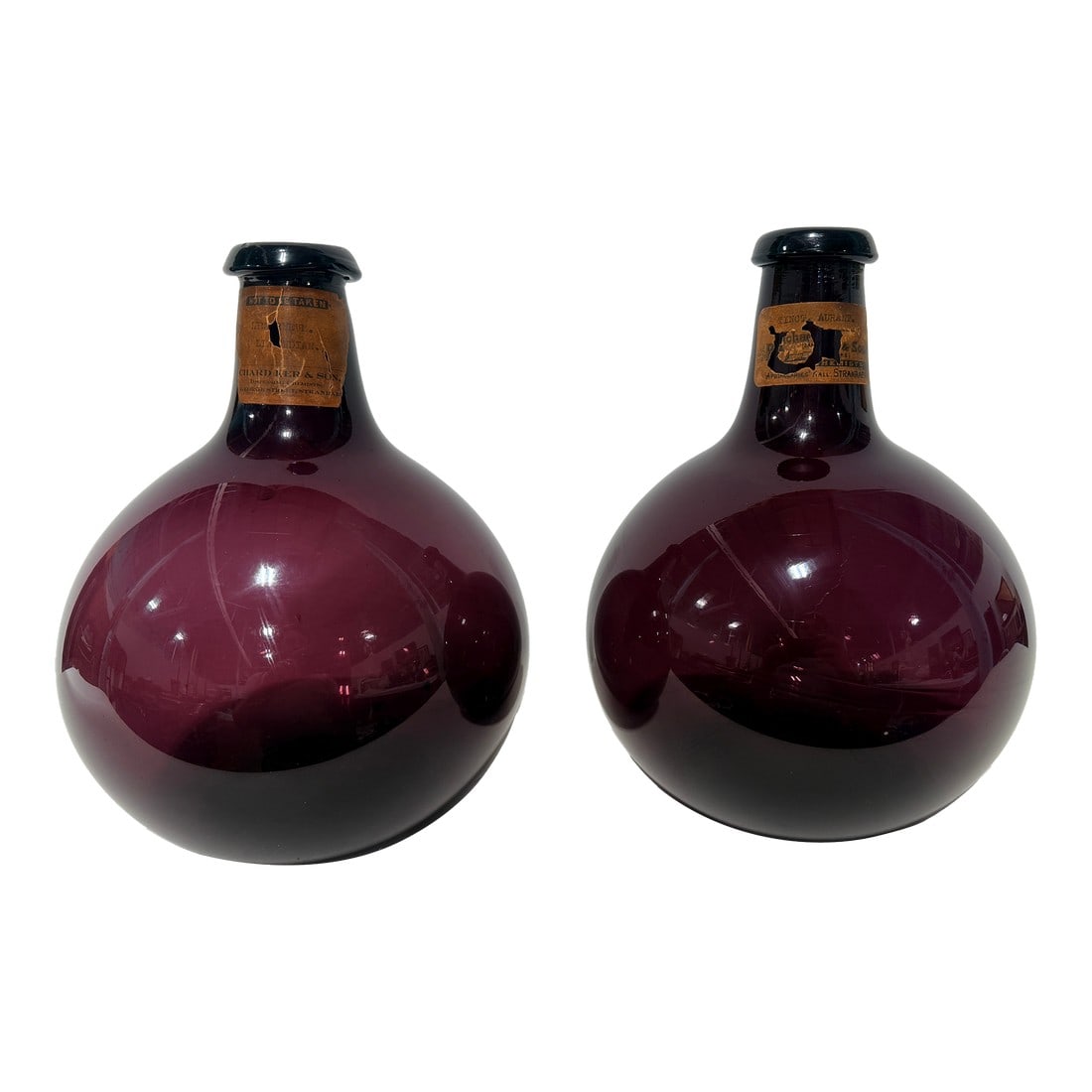 Pair, Scottish Apothecary Amethyst Glass Bottles, C. 1890 With Labels: Scottish Apothecary Amethyst Glass Bottles A matched pair of Scottish apothecary display bottles in deeply saturated amethyst (blackberry) glass, made in the classic globular "shop bottle" form with