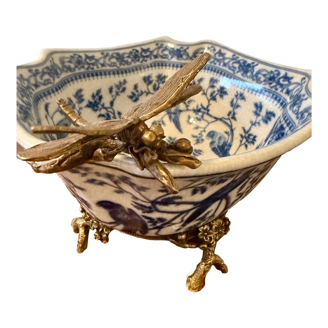 Royal Copenhagen Dragonfly Ormolu Bowl: This Royal Copenhagen ormolu bowl is a beautiful blue and white porcelain bowl with a bronze dragonfly and feet, also known as a chinoiserie centerpiece. It's a stunning piece that combines intricate