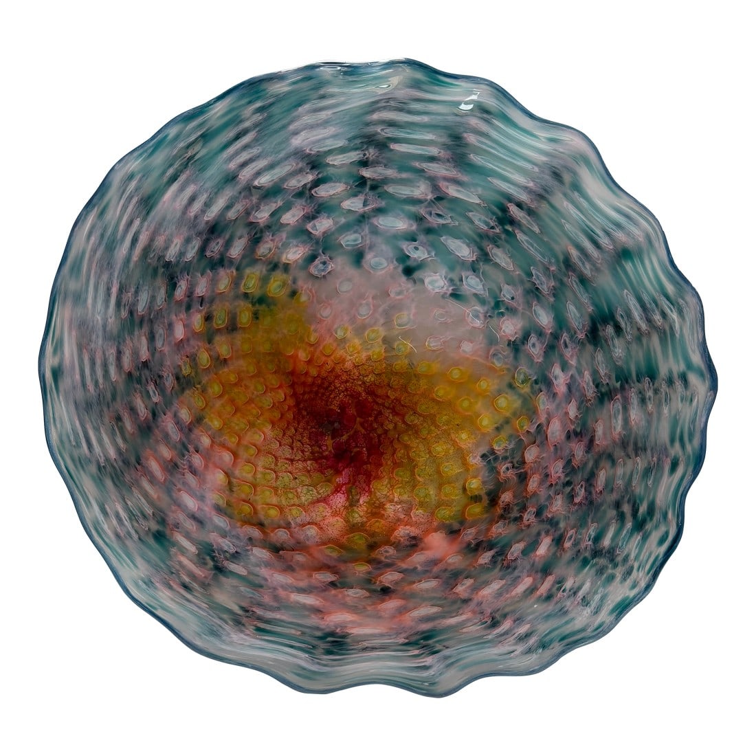 Lucy Chamberlain 22" Signed Art Glass Wall Sculpture: Original hand-blown studio art glass wall sculpture by listed American glass artist Lucy Chamberlain, dated 2000. This is a large and dramatic 22-inch wall-mounted sculptural plate featuring a sea-gre