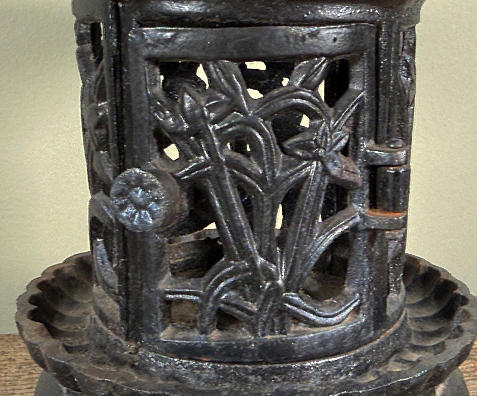 Chinese Cast Iron Garden Lantern With Hanging Finial and Iris Relief - 3