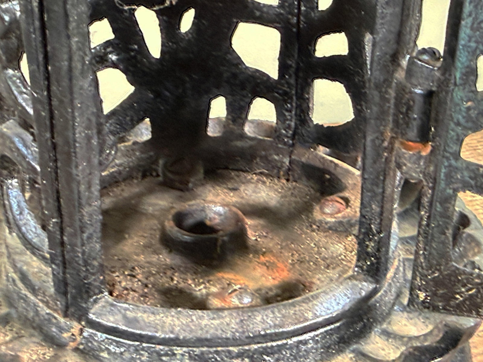 Chinese Cast Iron Garden Lantern With Hanging Finial and Iris Relief - 9
