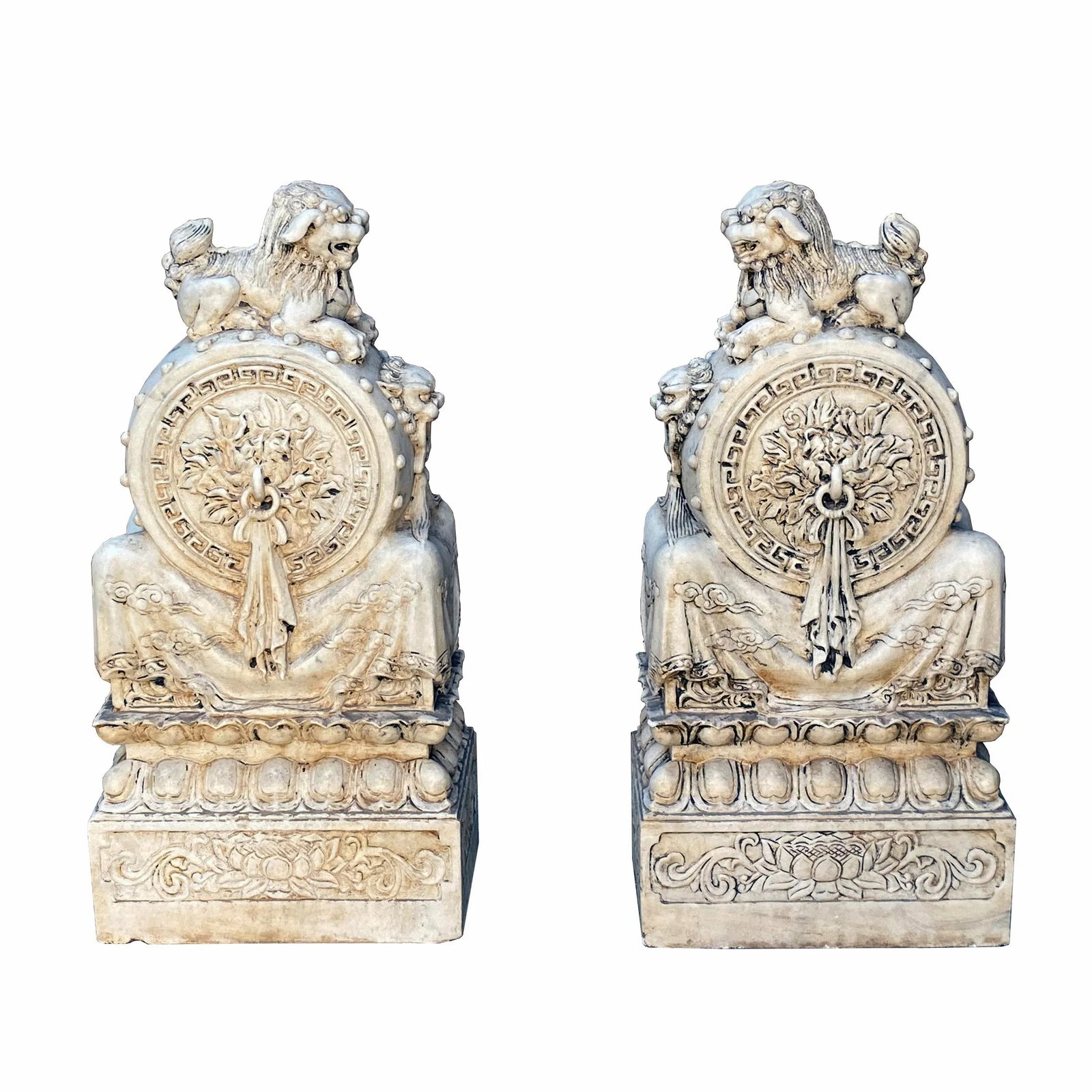Chinese Pair White Marble Stone Fengshui Foo Dogs Door Block Drum Statue - 10