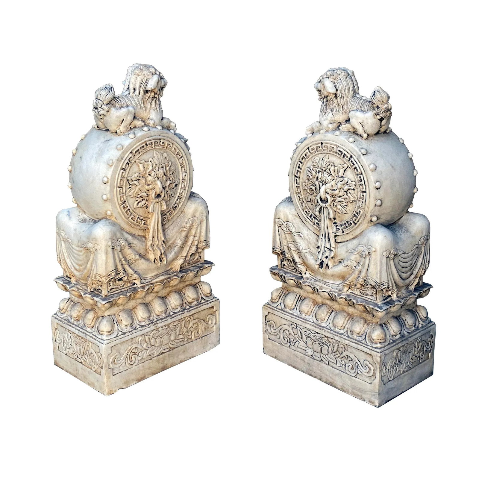Chinese Pair White Marble Stone Fengshui Foo Dogs Door Block Drum Statue - 11
