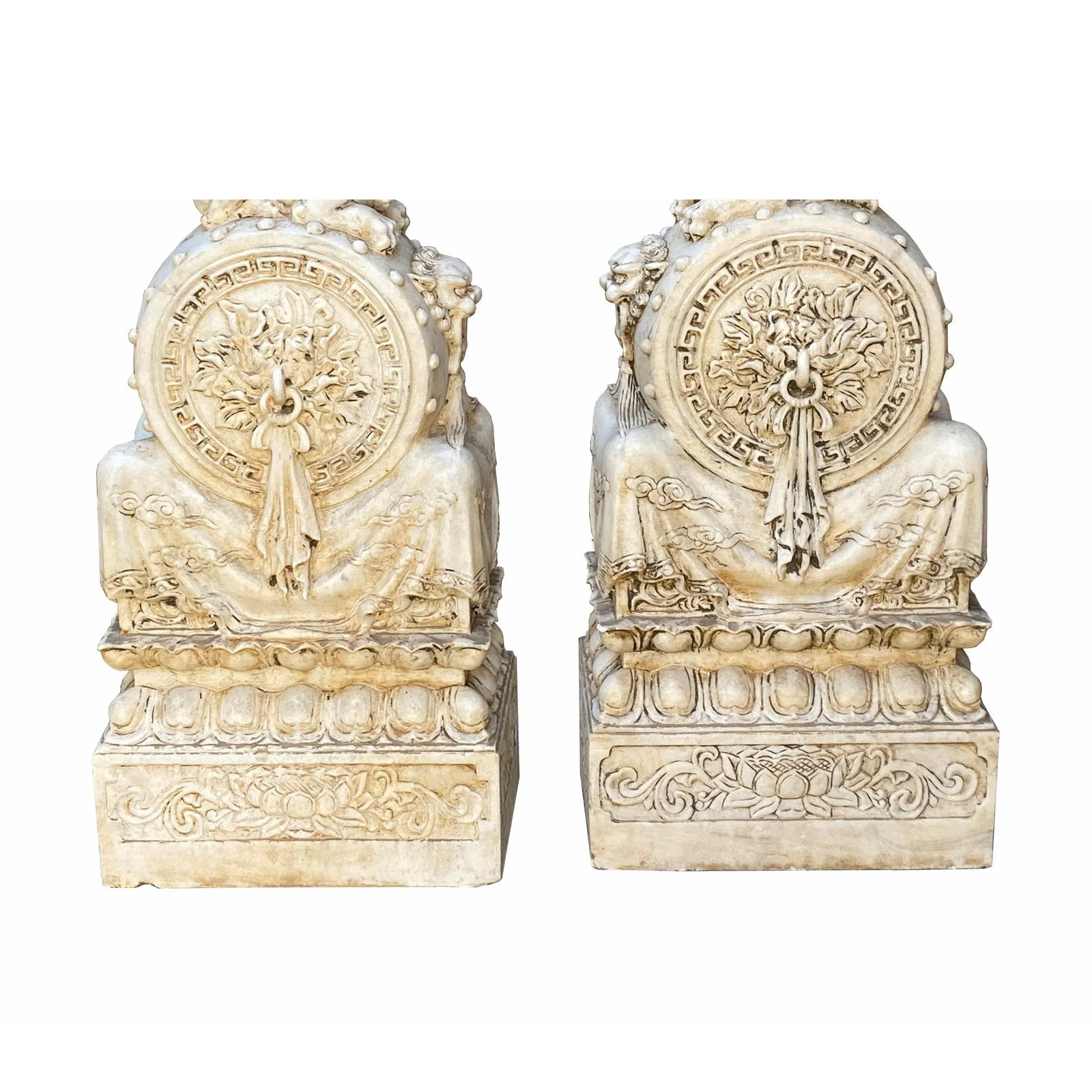 Chinese Pair White Marble Stone Fengshui Foo Dogs Door Block Drum Statue - 12