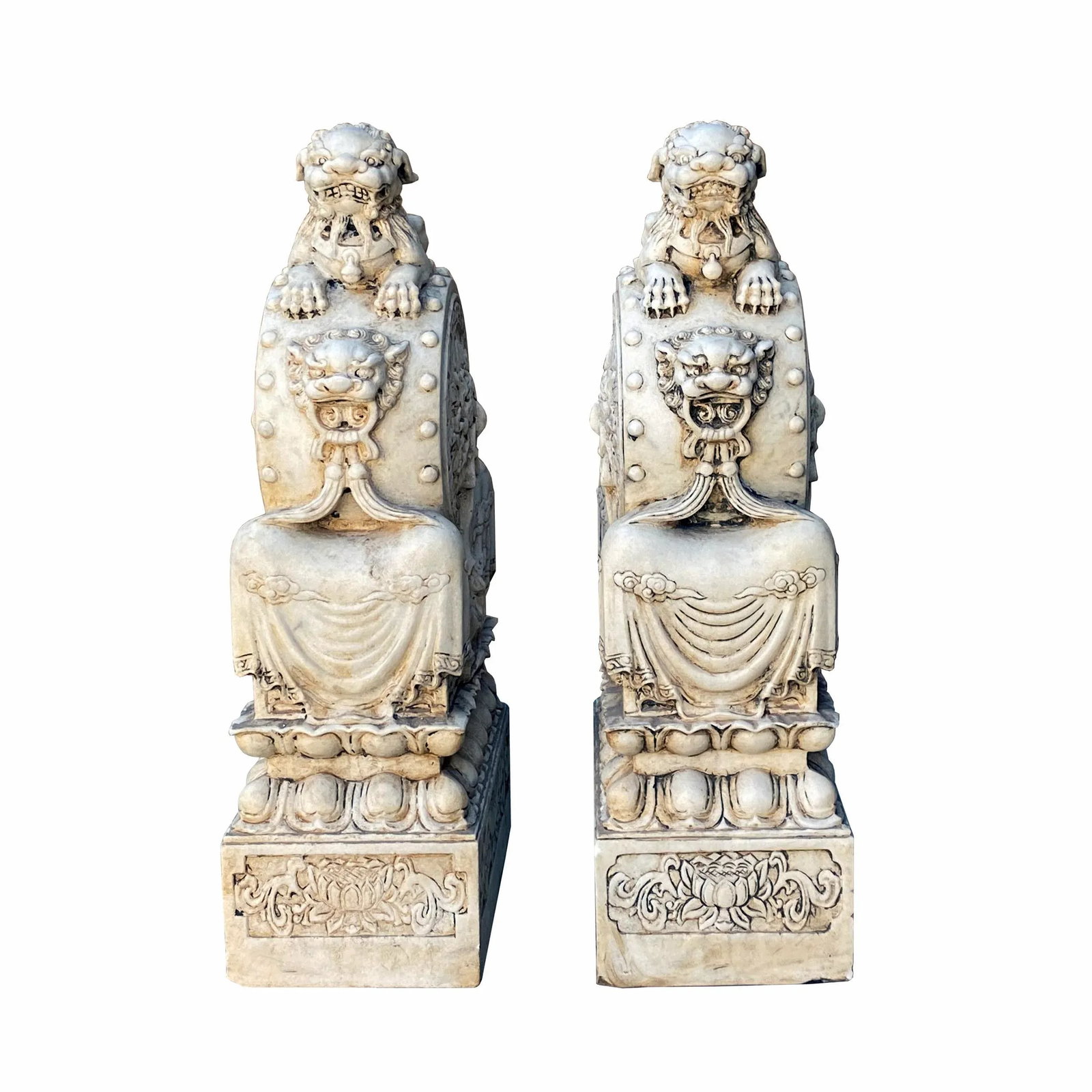 Chinese Pair White Marble Stone Fengshui Foo Dogs Door Block Drum Statue - 13