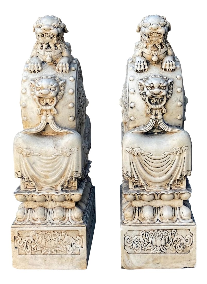 Chinese Pair White Marble Stone Fengshui Foo Dogs Door Block Drum Statue