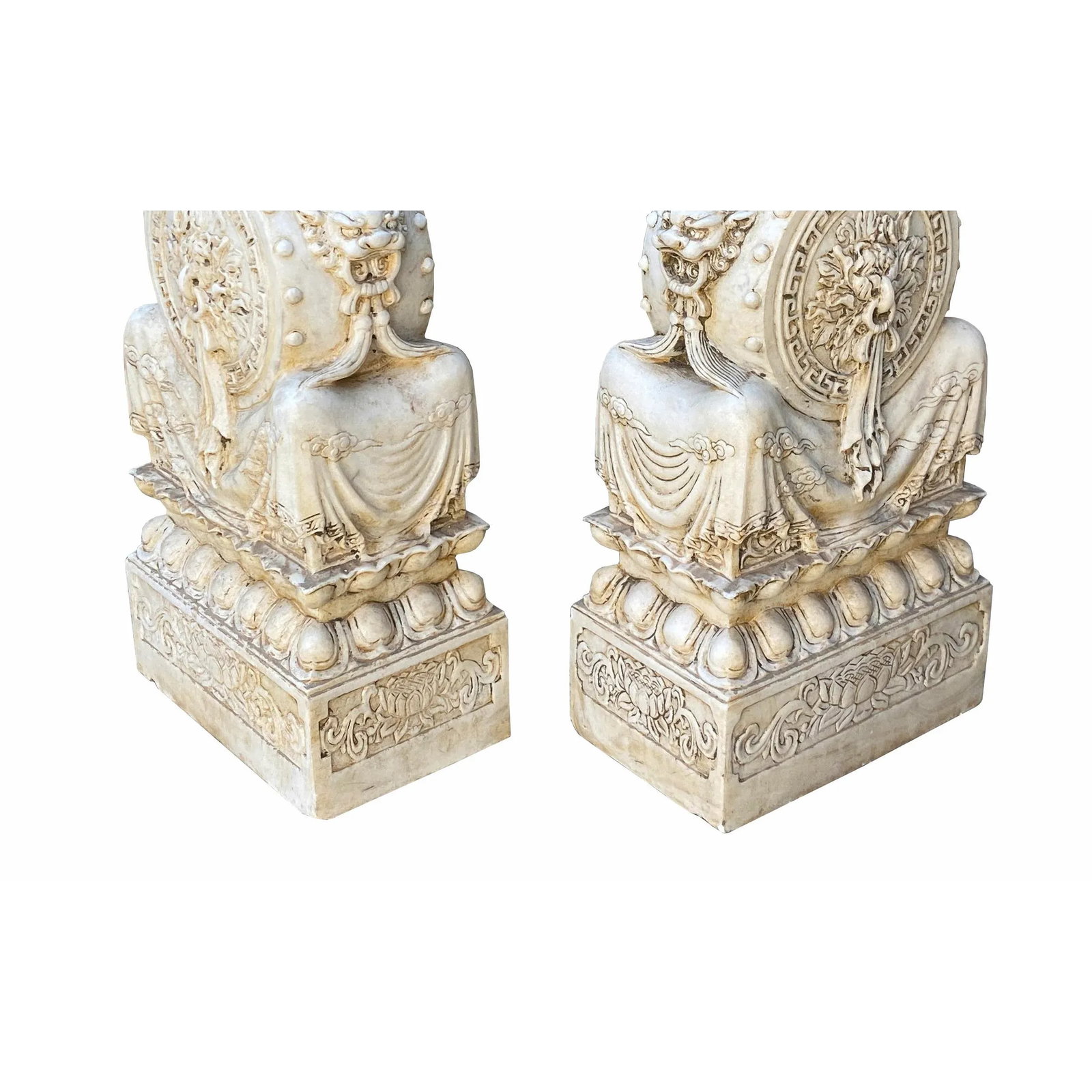 Chinese Pair White Marble Stone Fengshui Foo Dogs Door Block Drum Statue - 2